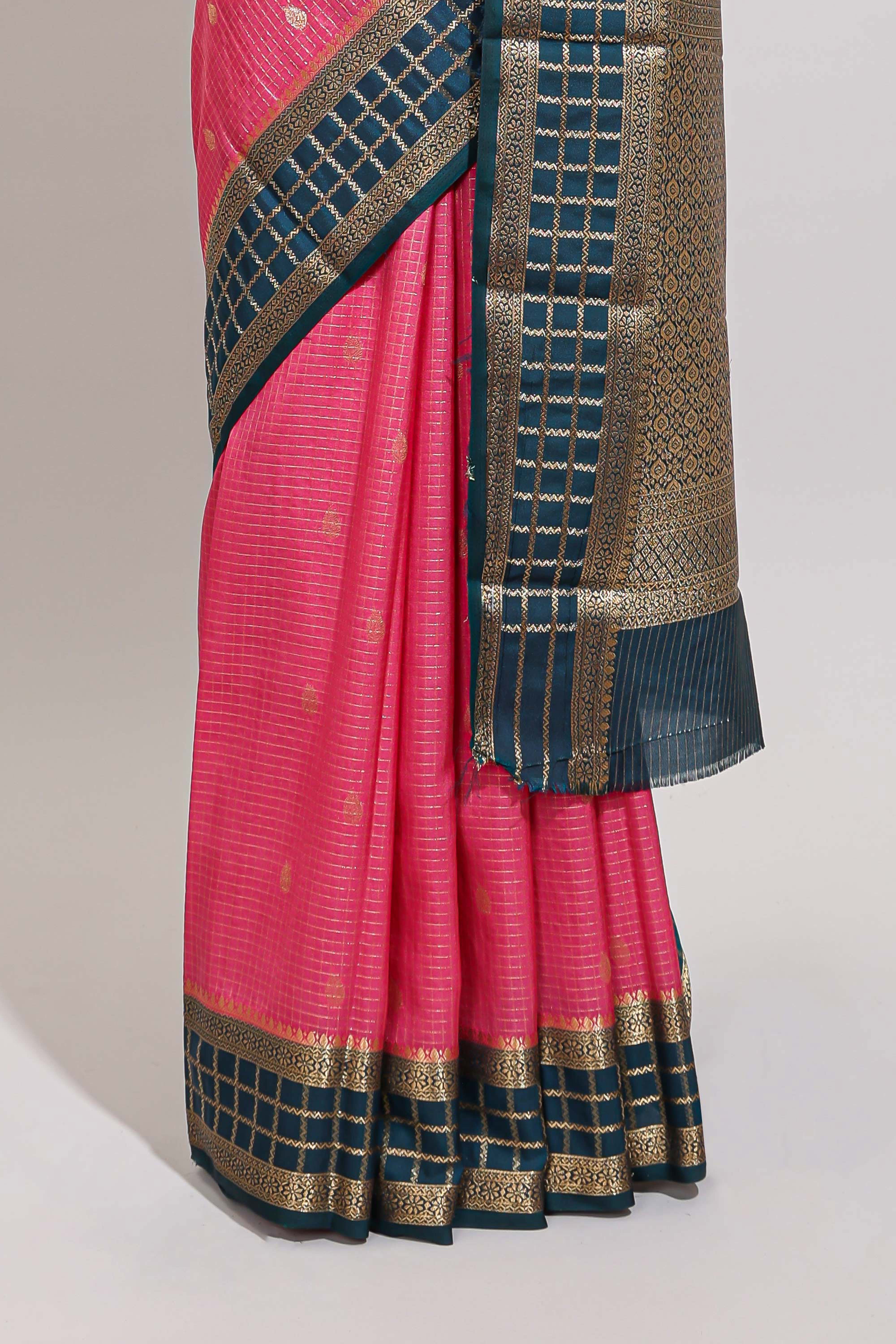 Pink checked zari motifs art mysore silk saree with contrast zari border and checked blouse