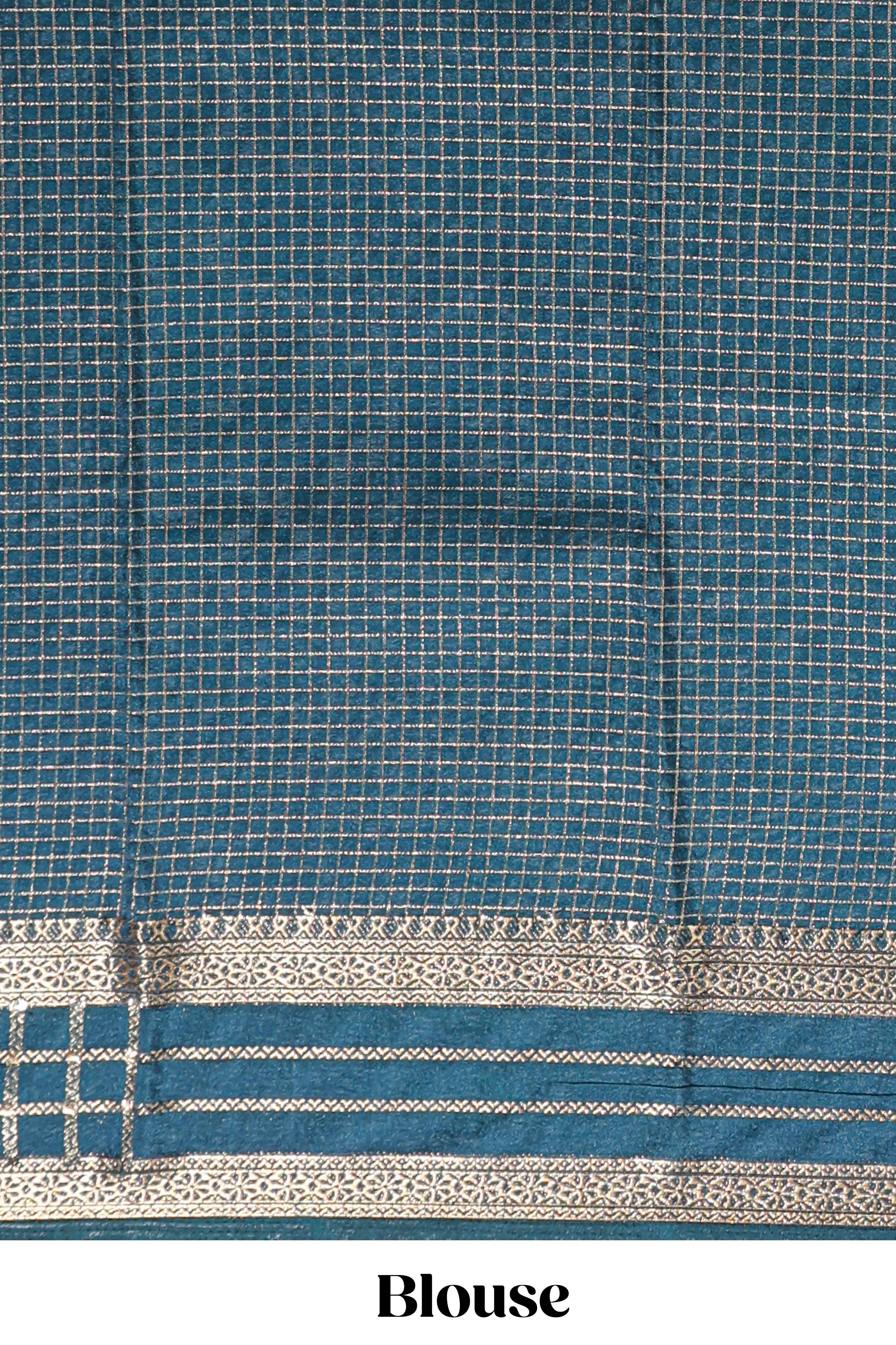 Pink checked zari motifs art mysore silk saree with contrast zari border and checked blouse
