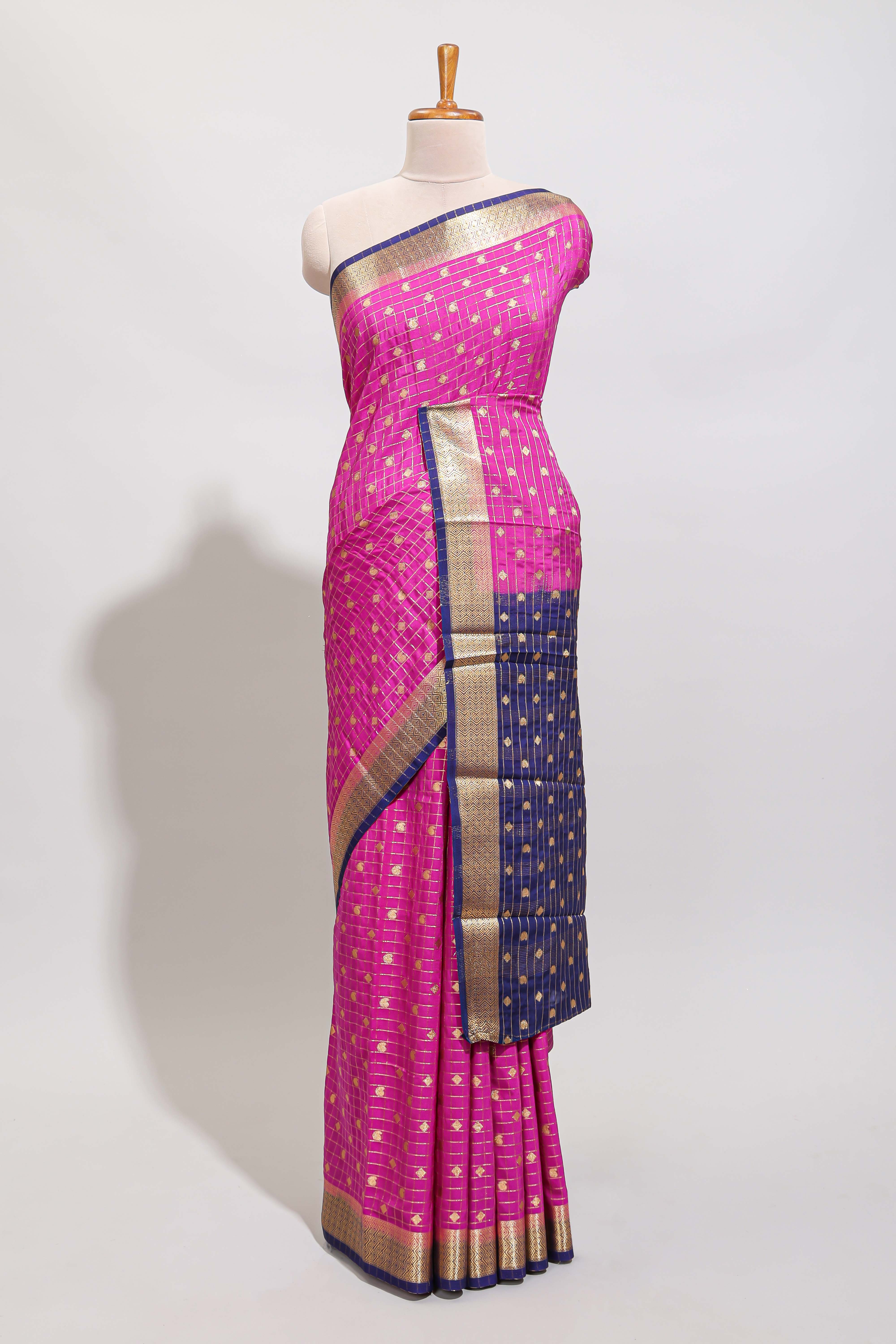 Magenta checked zari motifs art mysore silk saree with contrast zari border and checked blouse