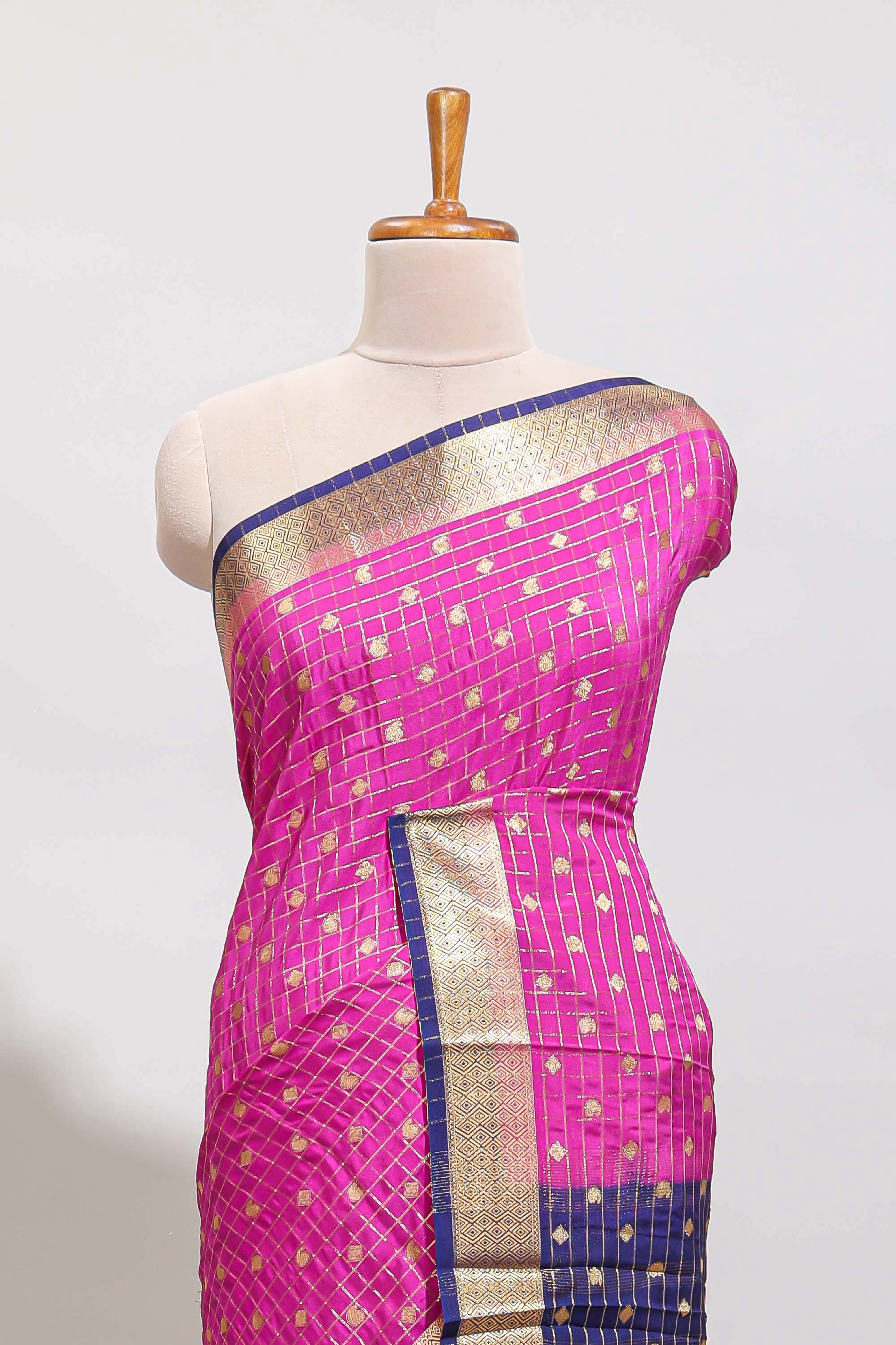 Magenta checked zari motifs art mysore silk saree with contrast zari border and checked blouse