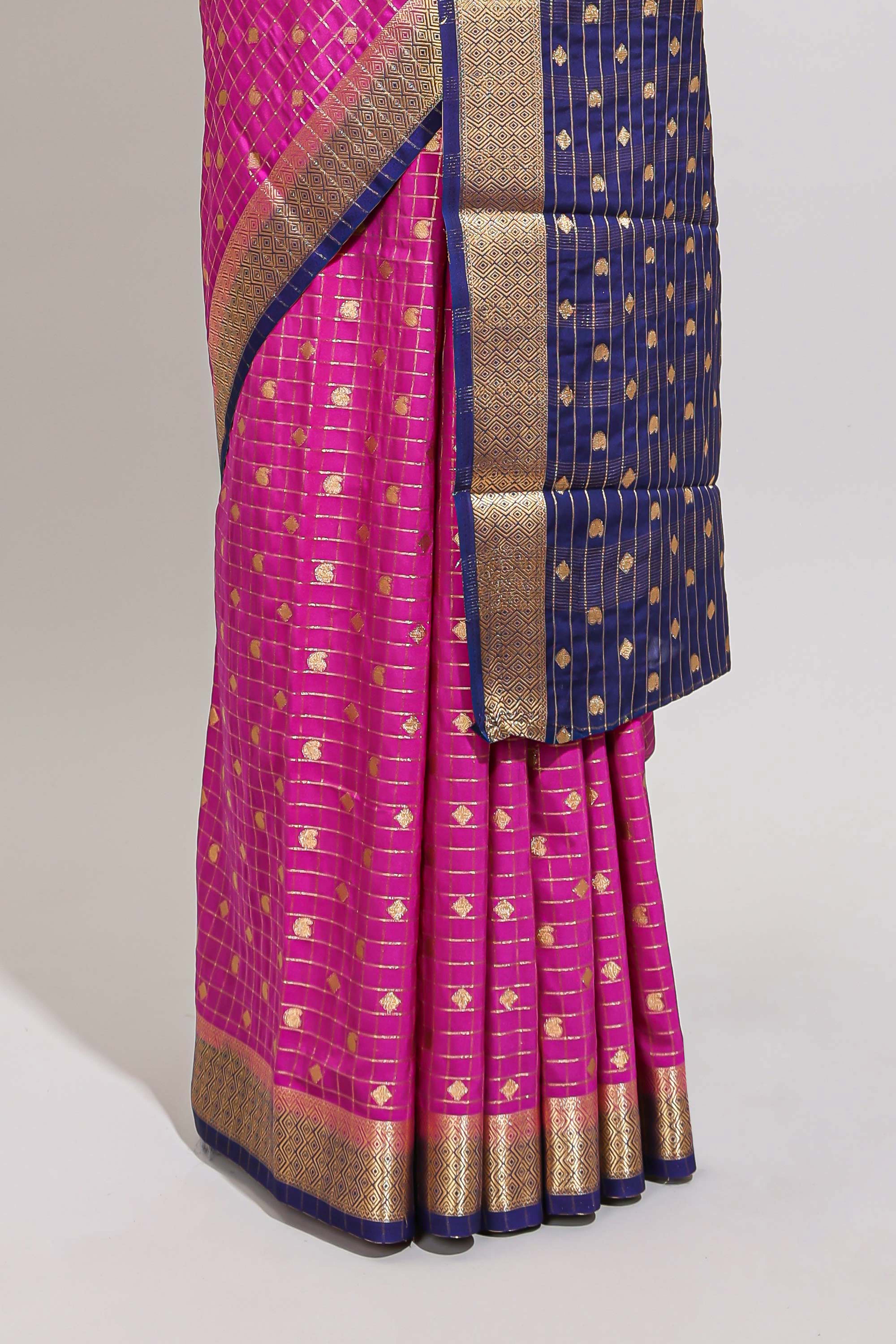 Magenta checked zari motifs art mysore silk saree with contrast zari border and checked blouse