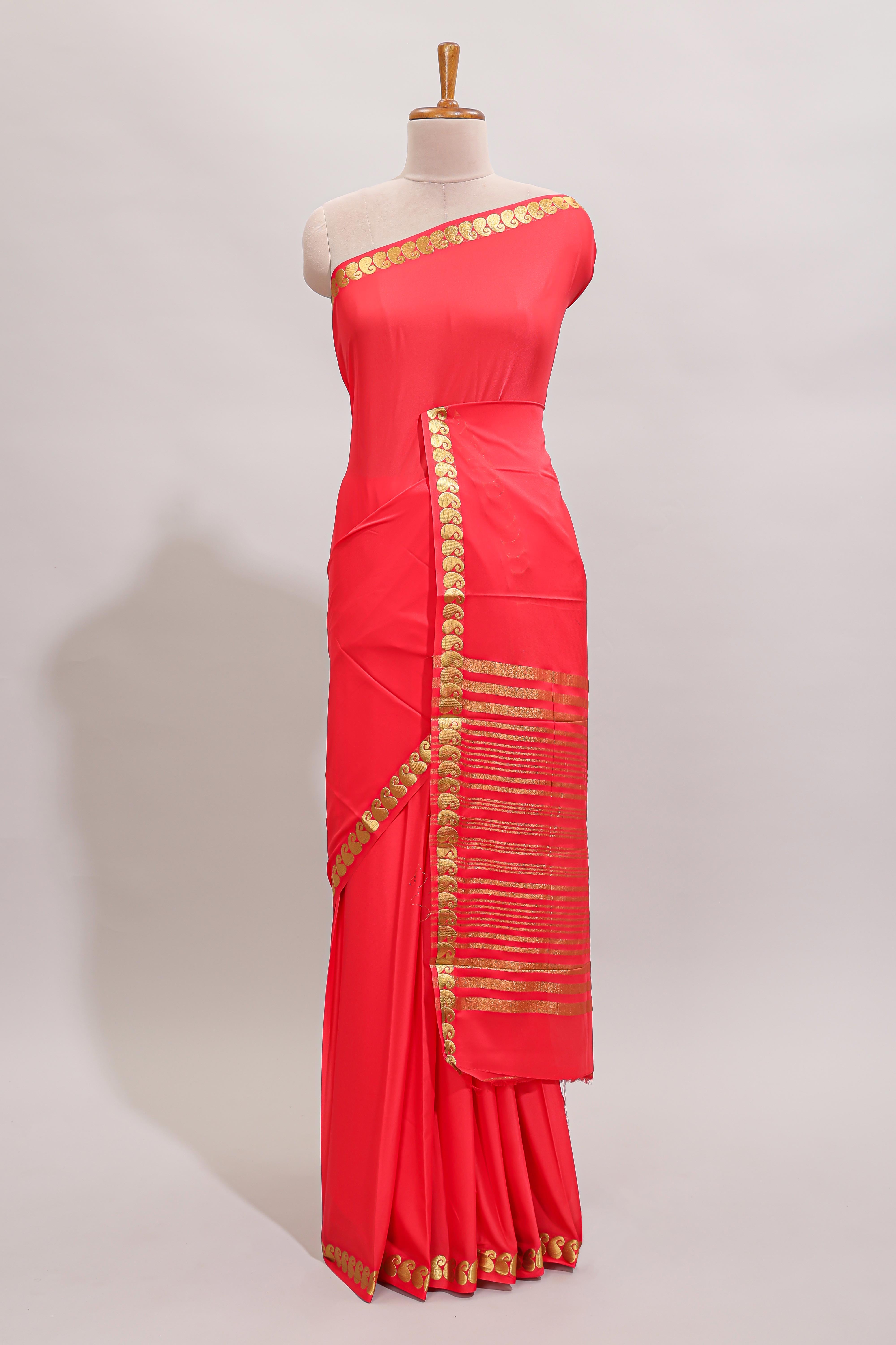 Red plain art mysore silk saree with self zari border and matching blouse