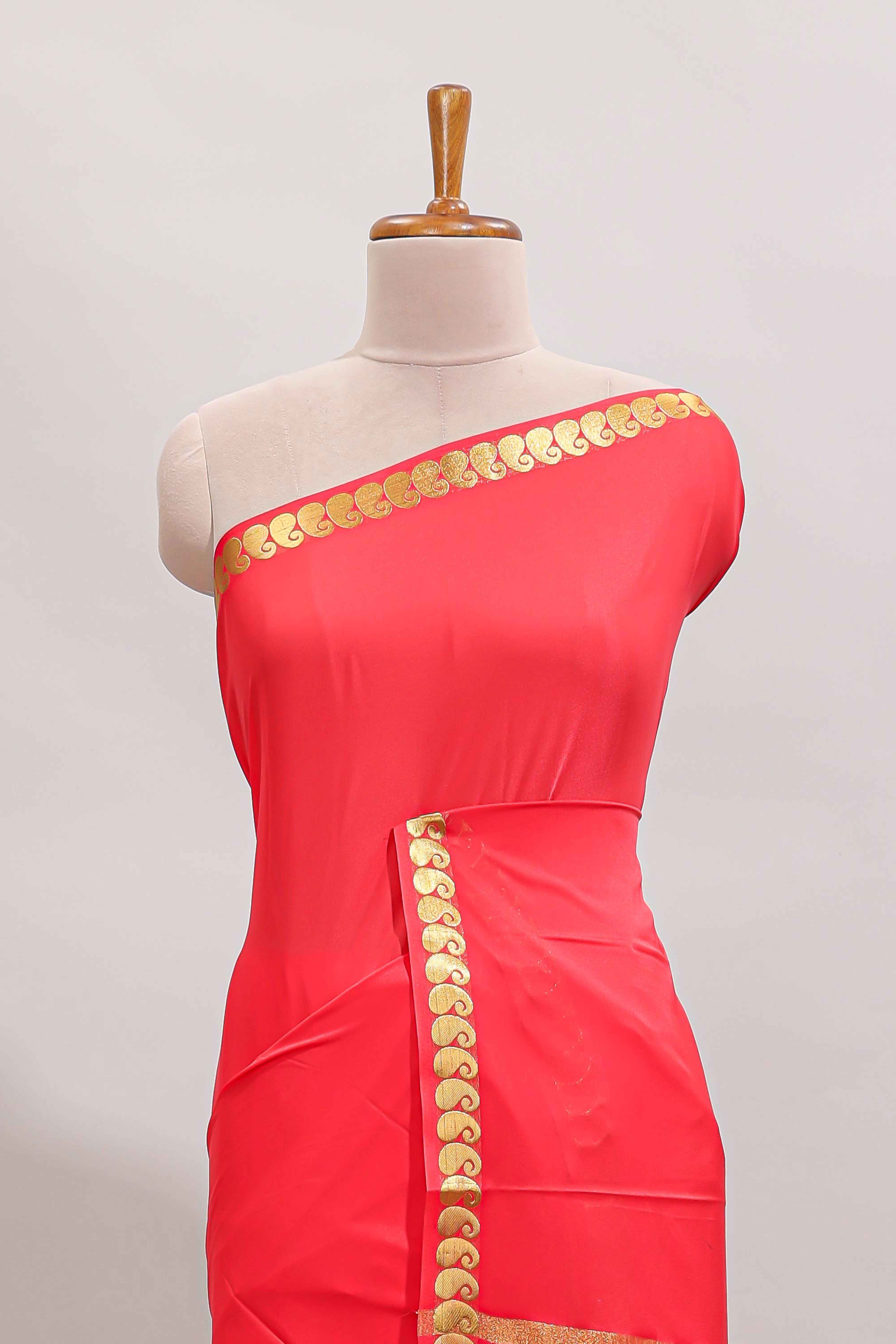 Red plain art mysore silk saree with self zari border and matching blouse