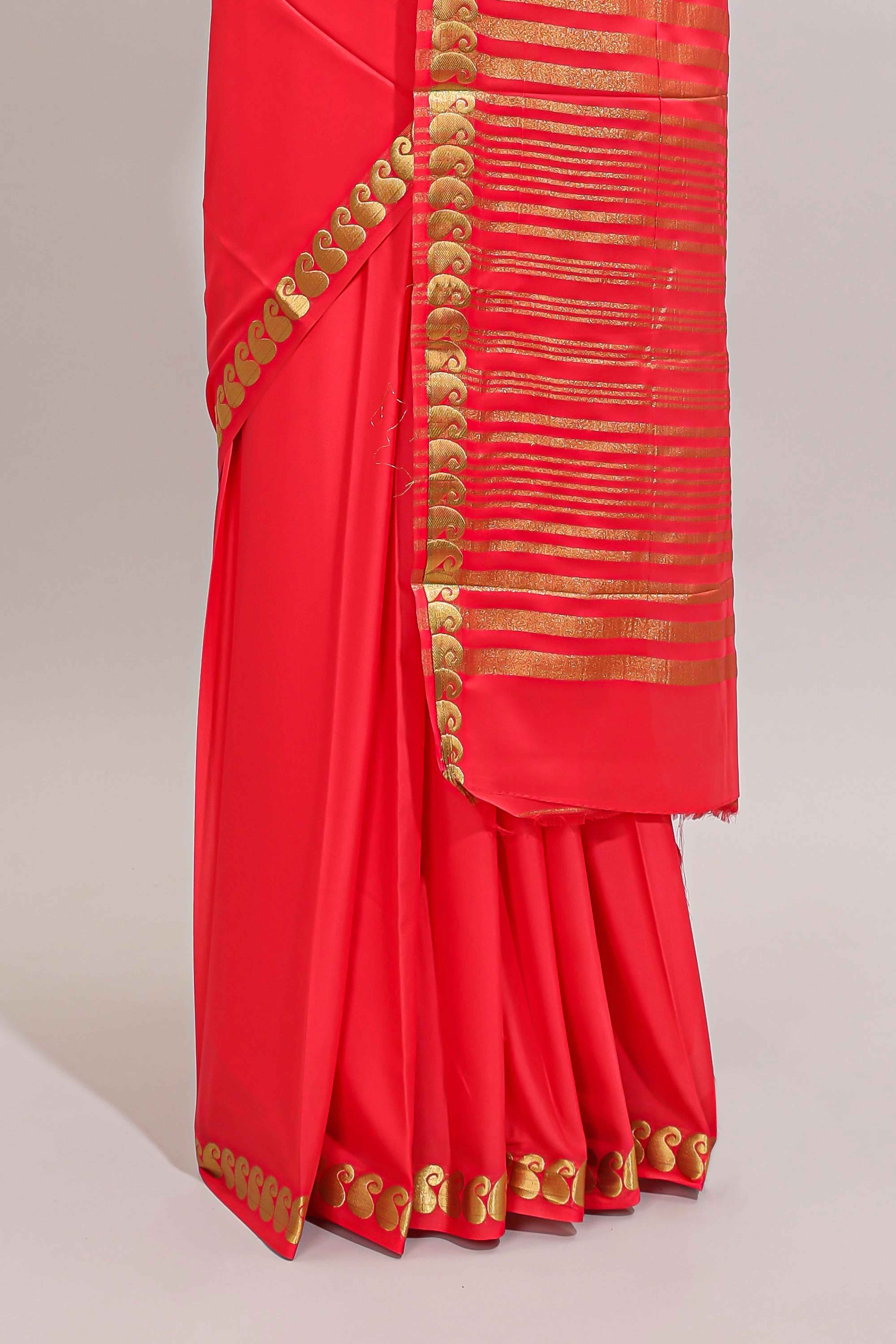 Red plain art mysore silk saree with self zari border and matching blouse