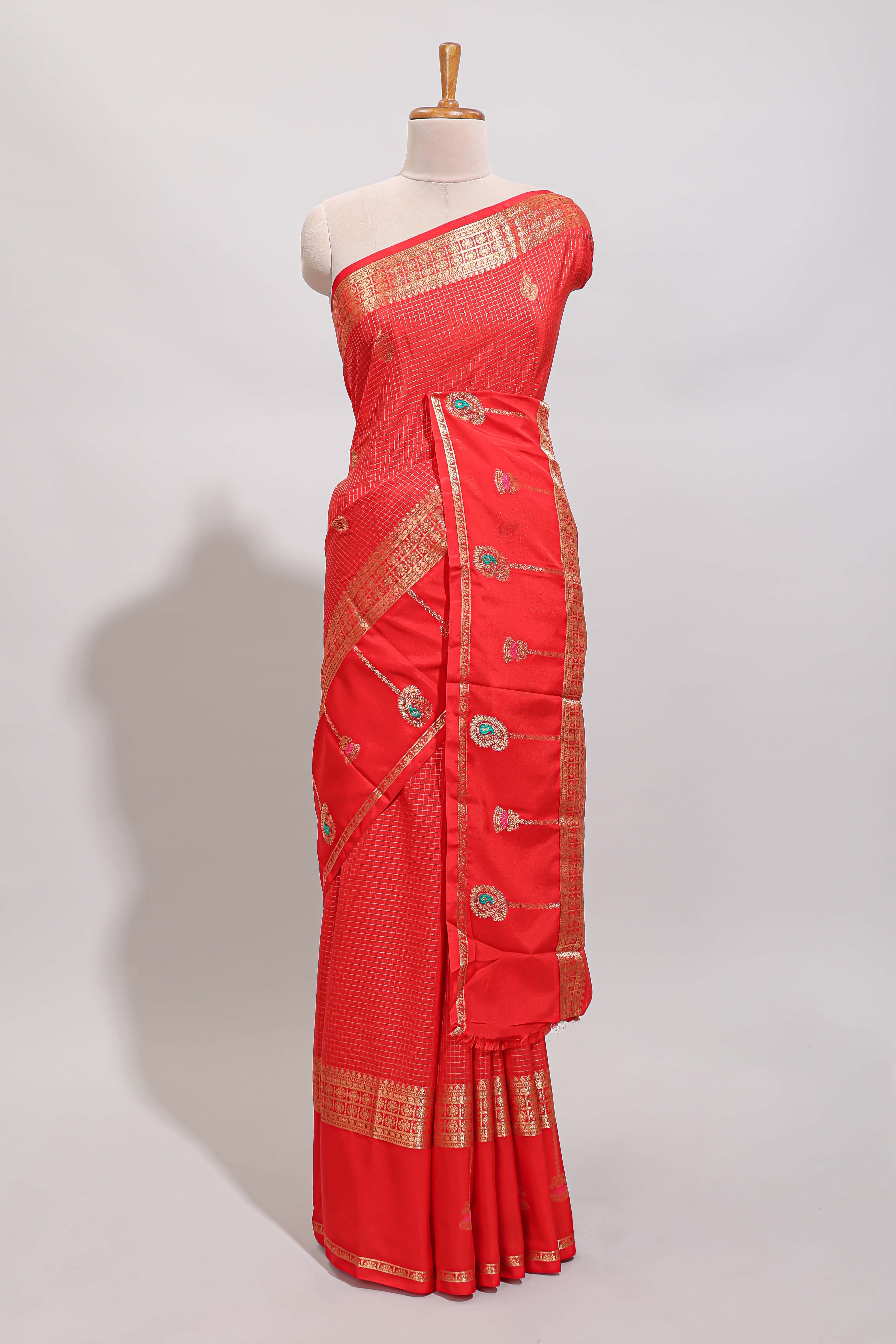 Red checked zari motifs art mysore silk saree with contrast zari border and checked blouse