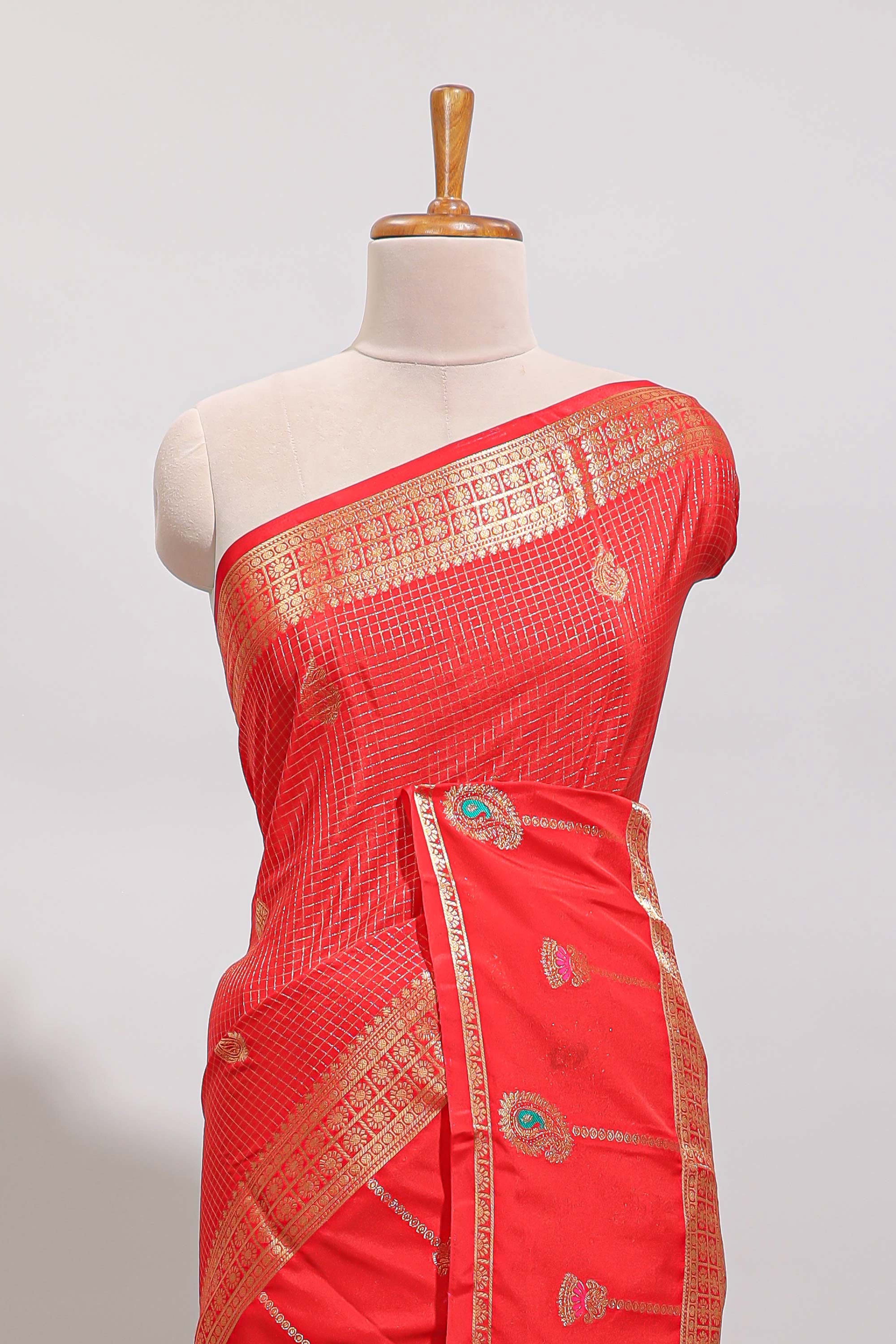 Red checked zari motifs art mysore silk saree with contrast zari border and checked blouse