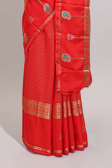 Red checked zari motifs art mysore silk saree with contrast zari border and checked blouse