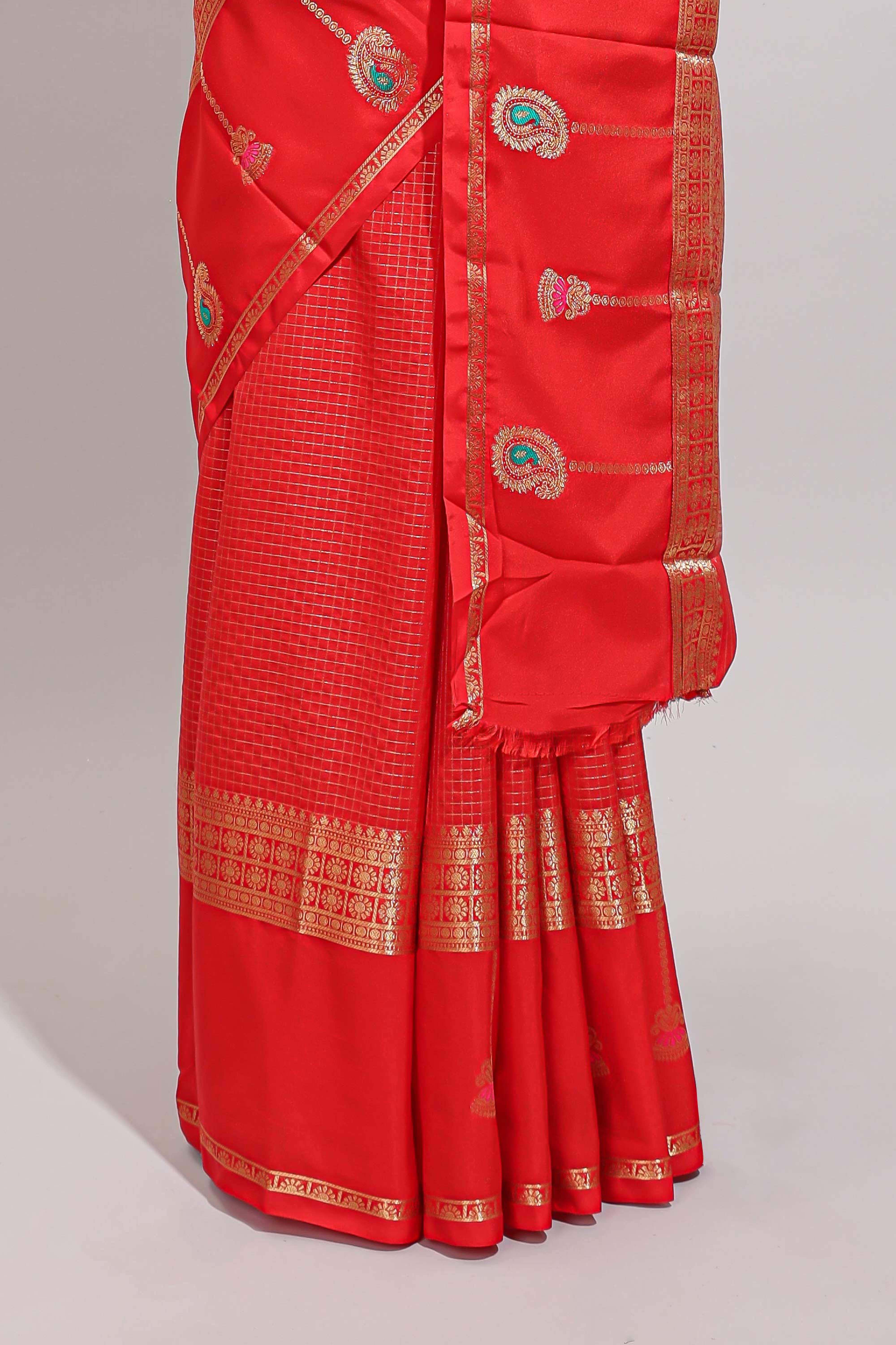 Red checked zari motifs art mysore silk saree with contrast zari border and checked blouse