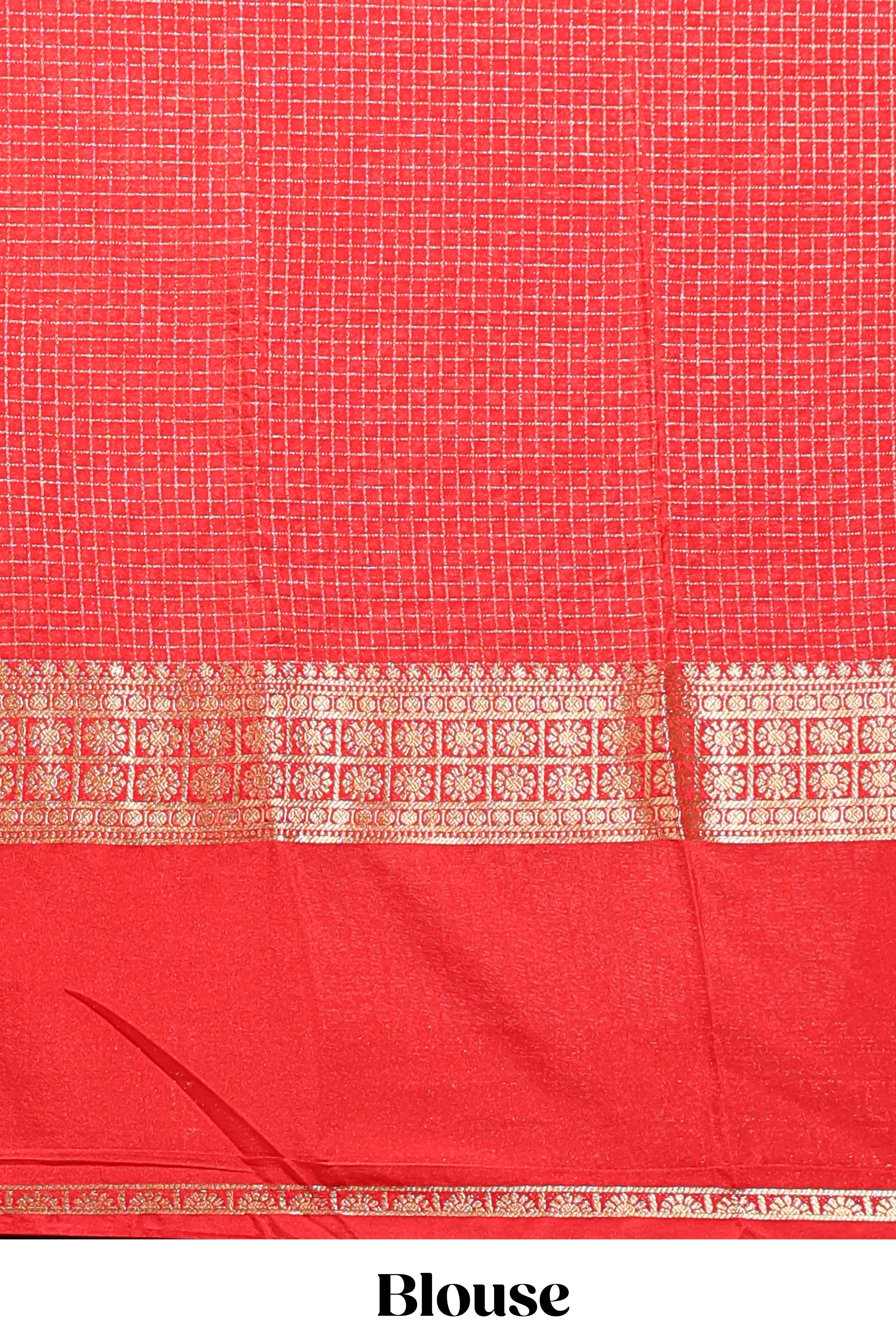 Red checked zari motifs art mysore silk saree with contrast zari border and checked blouse