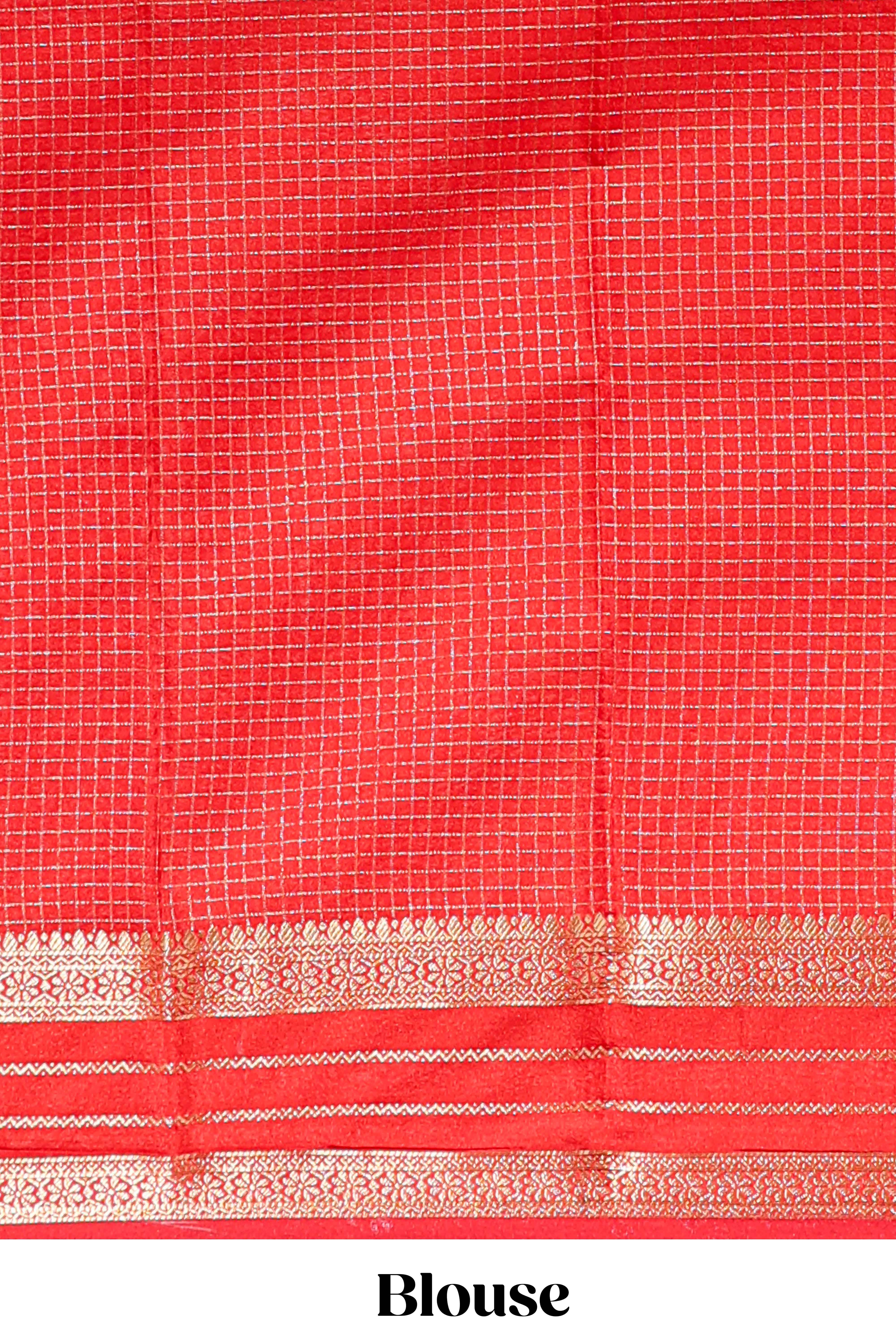 Orange checked zari motifs art mysore silk saree with contrast zari border and checked blouse