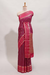 Purple checked zari motifs art mysore silk saree with contrast striped border and blouse
