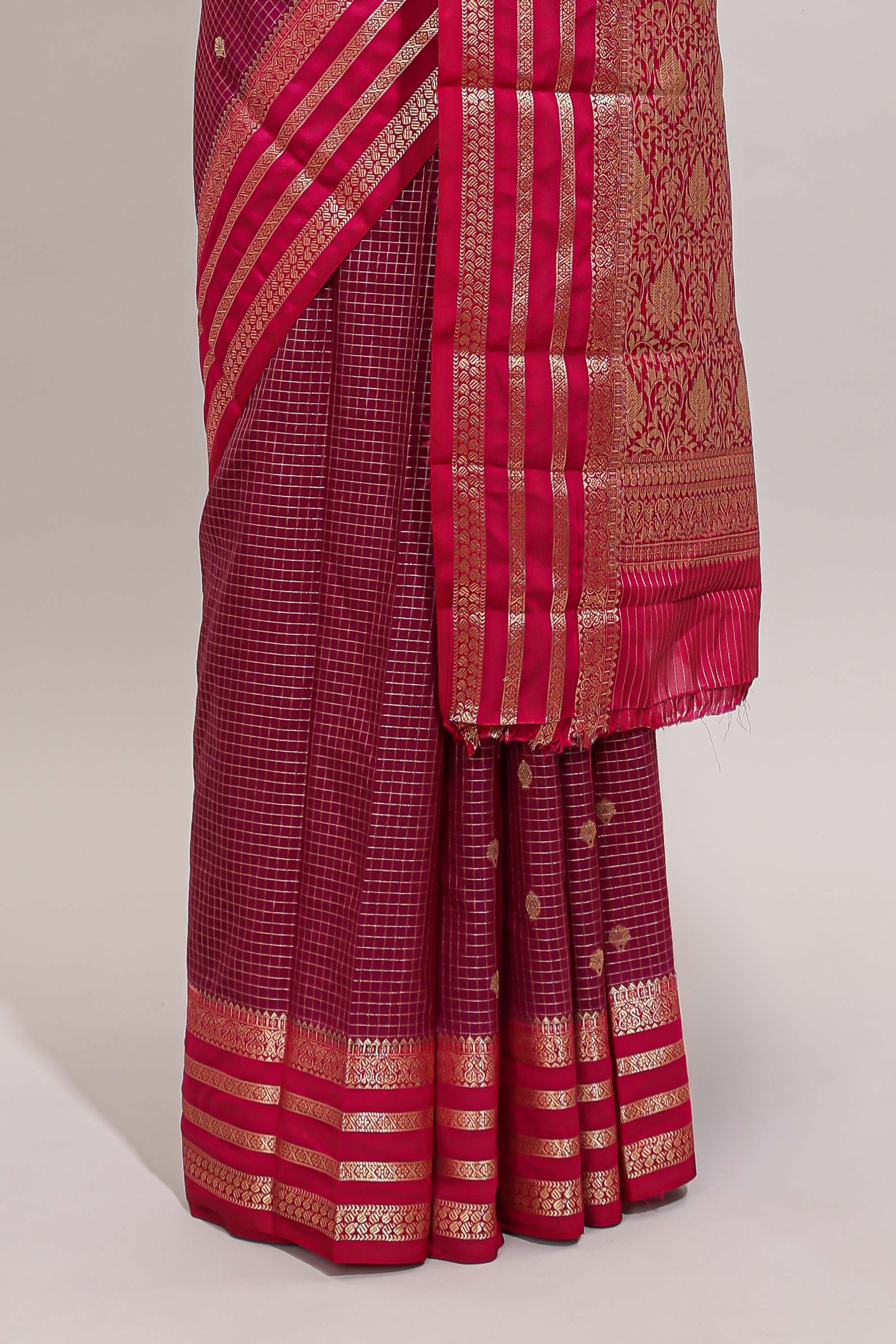 Purple checked zari motifs art mysore silk saree with contrast striped border and blouse