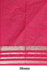 Purple checked zari motifs art mysore silk saree with contrast striped border and blouse