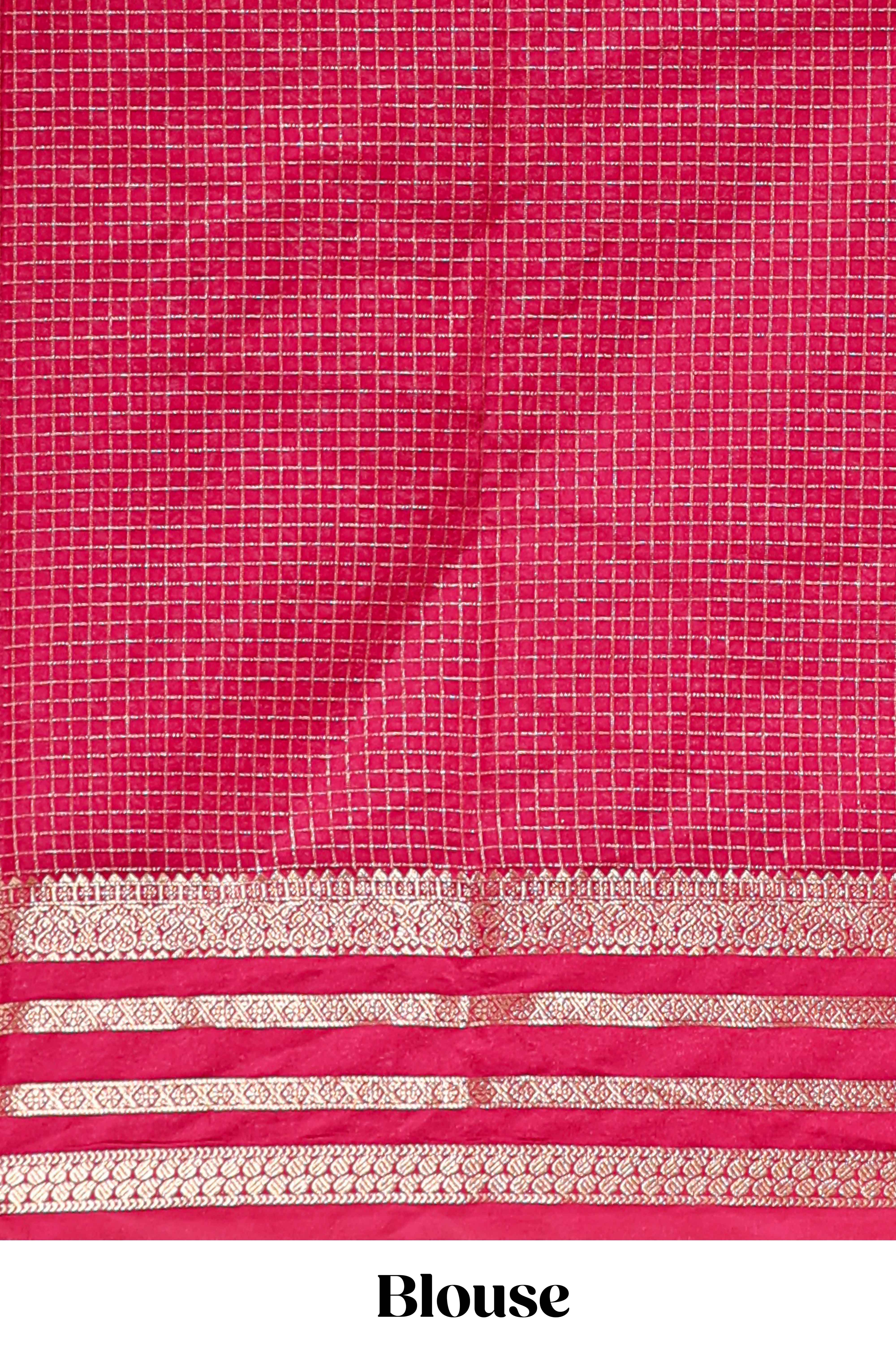 Purple checked zari motifs art mysore silk saree with contrast striped border and blouse