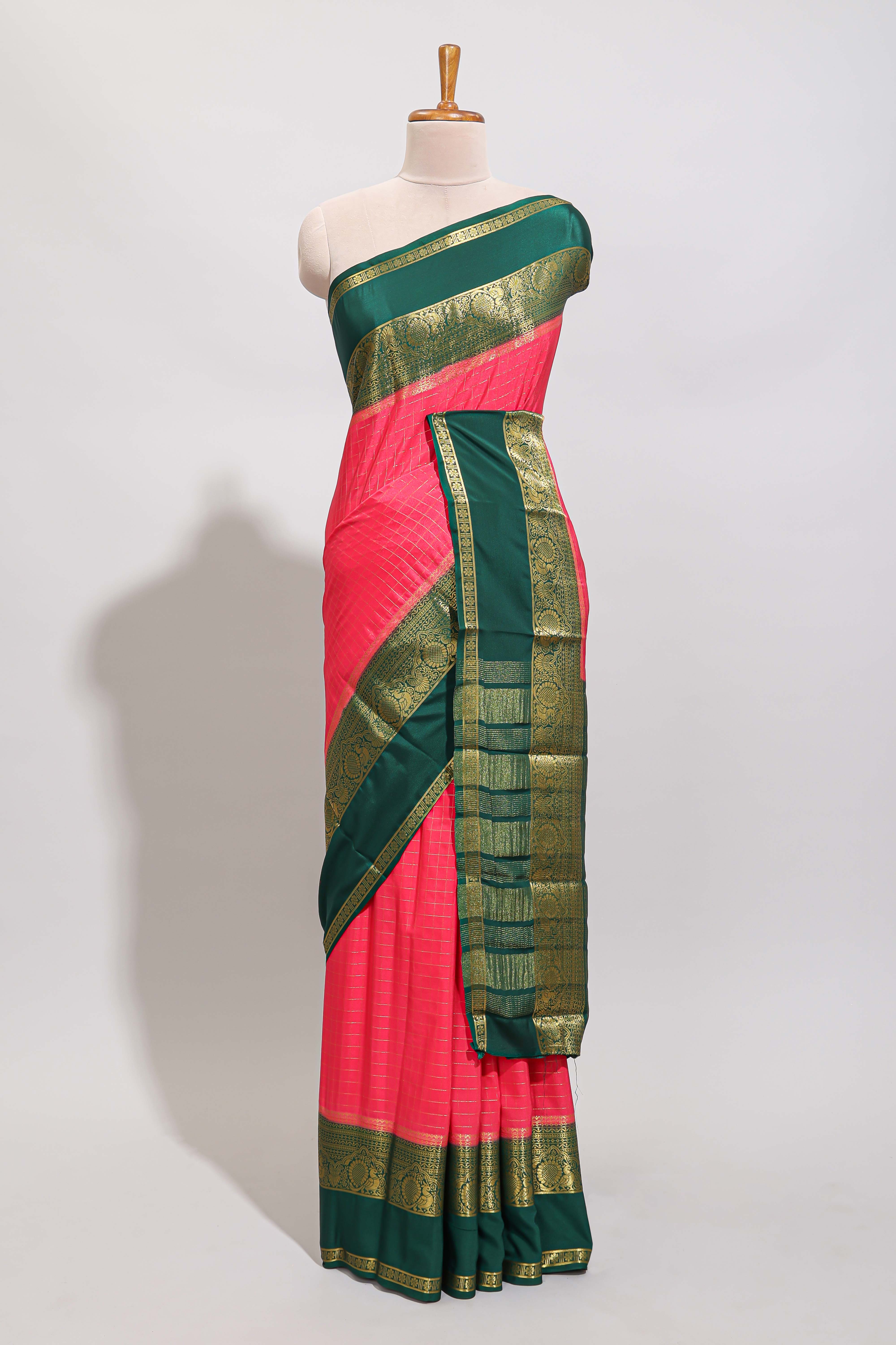 Pink checked zari design art mysore silk saree with contrast border and checked blouse