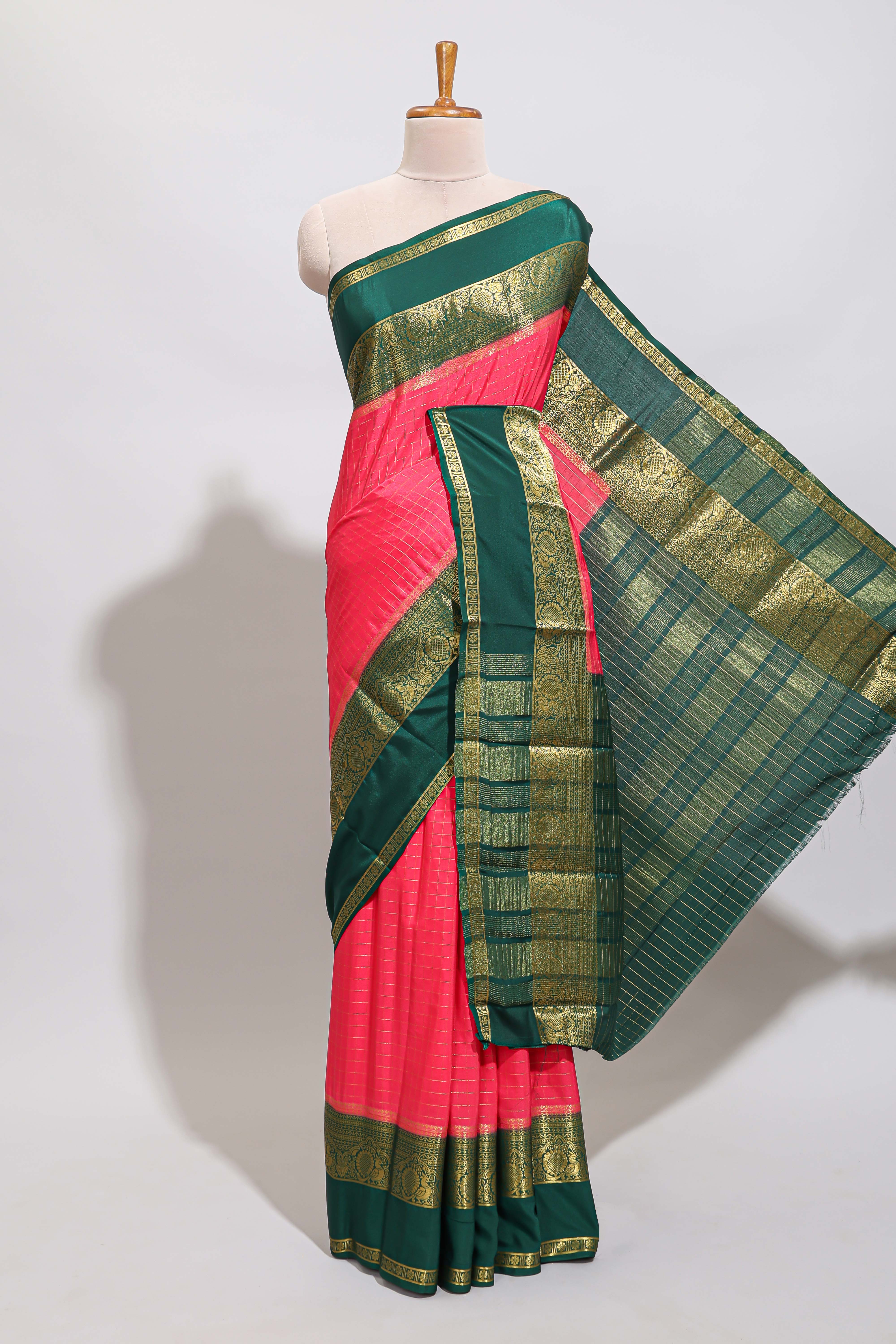 Pink checked zari design art mysore silk saree with contrast border and checked blouse