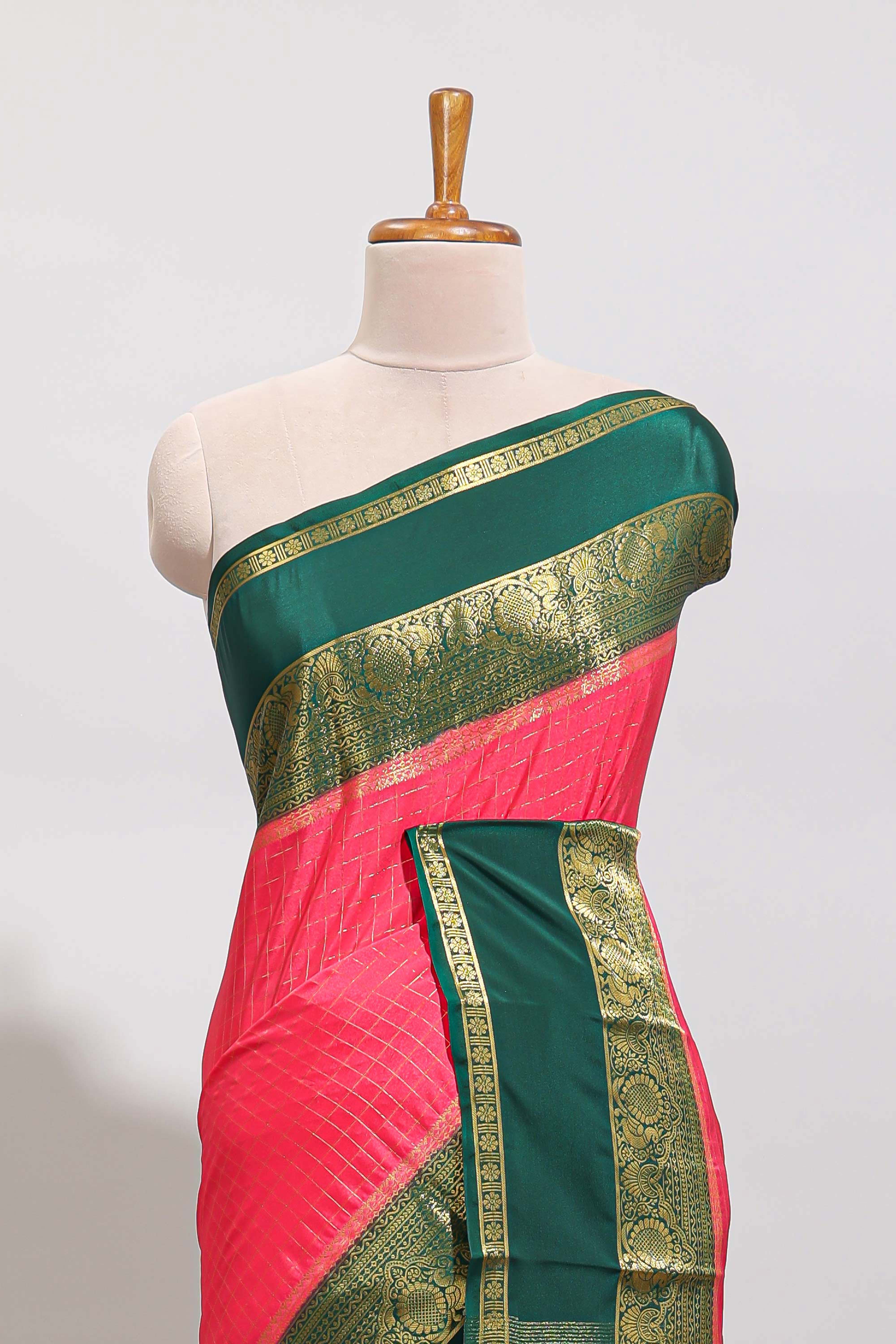 Pink checked zari design art mysore silk saree with contrast border and checked blouse