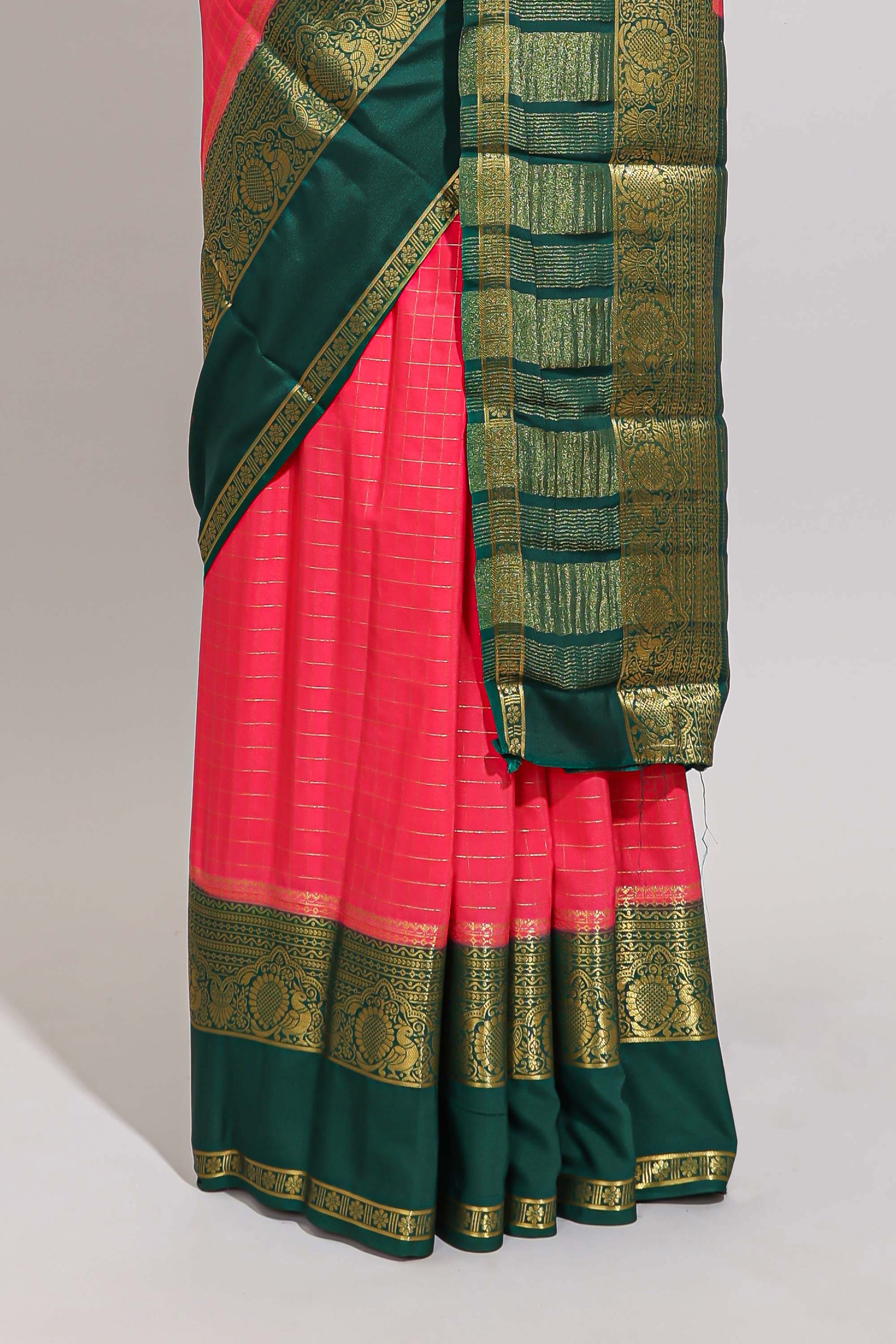 Pink checked zari design art mysore silk saree with contrast border and checked blouse