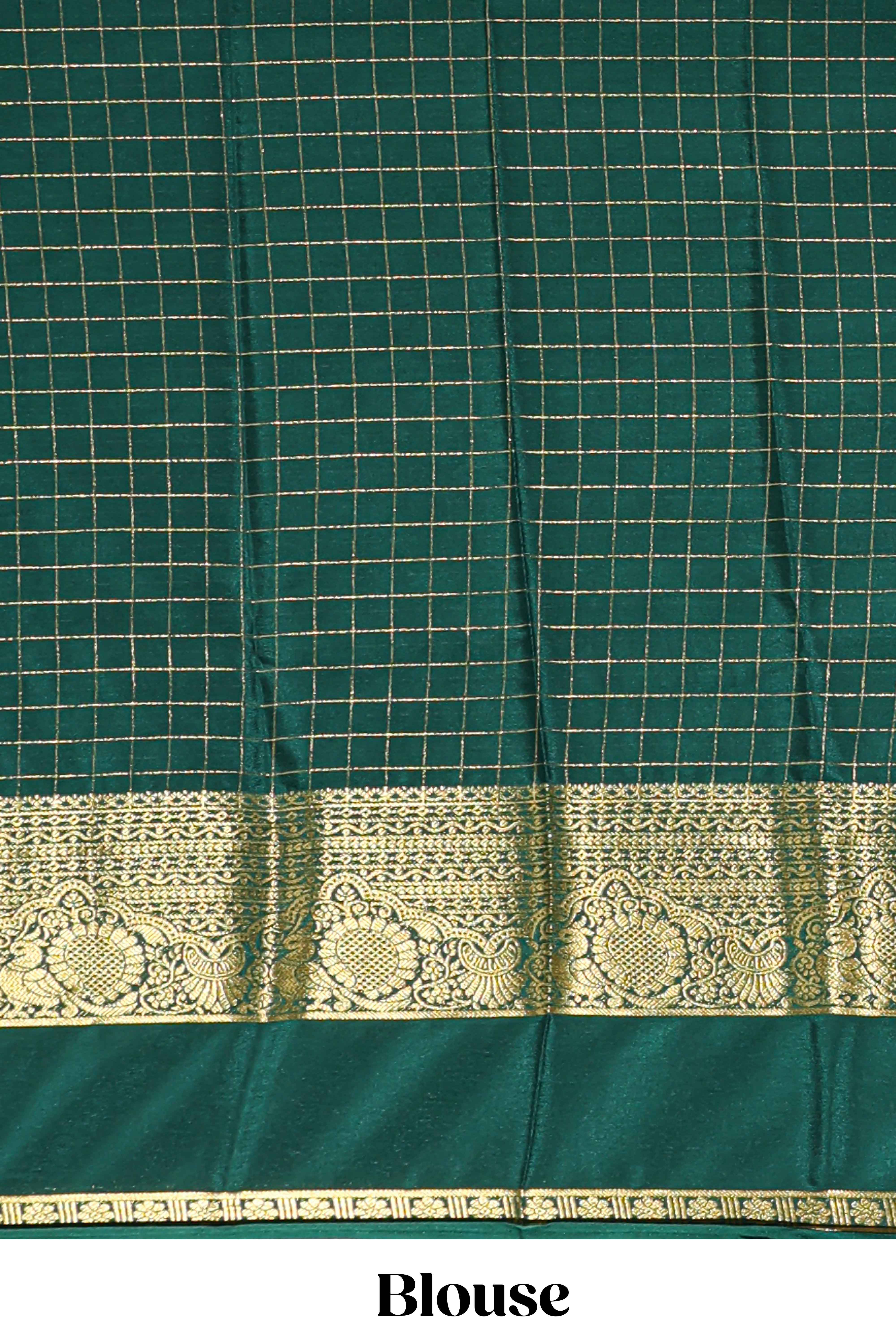 Pink checked zari design art mysore silk saree with contrast border and checked blouse