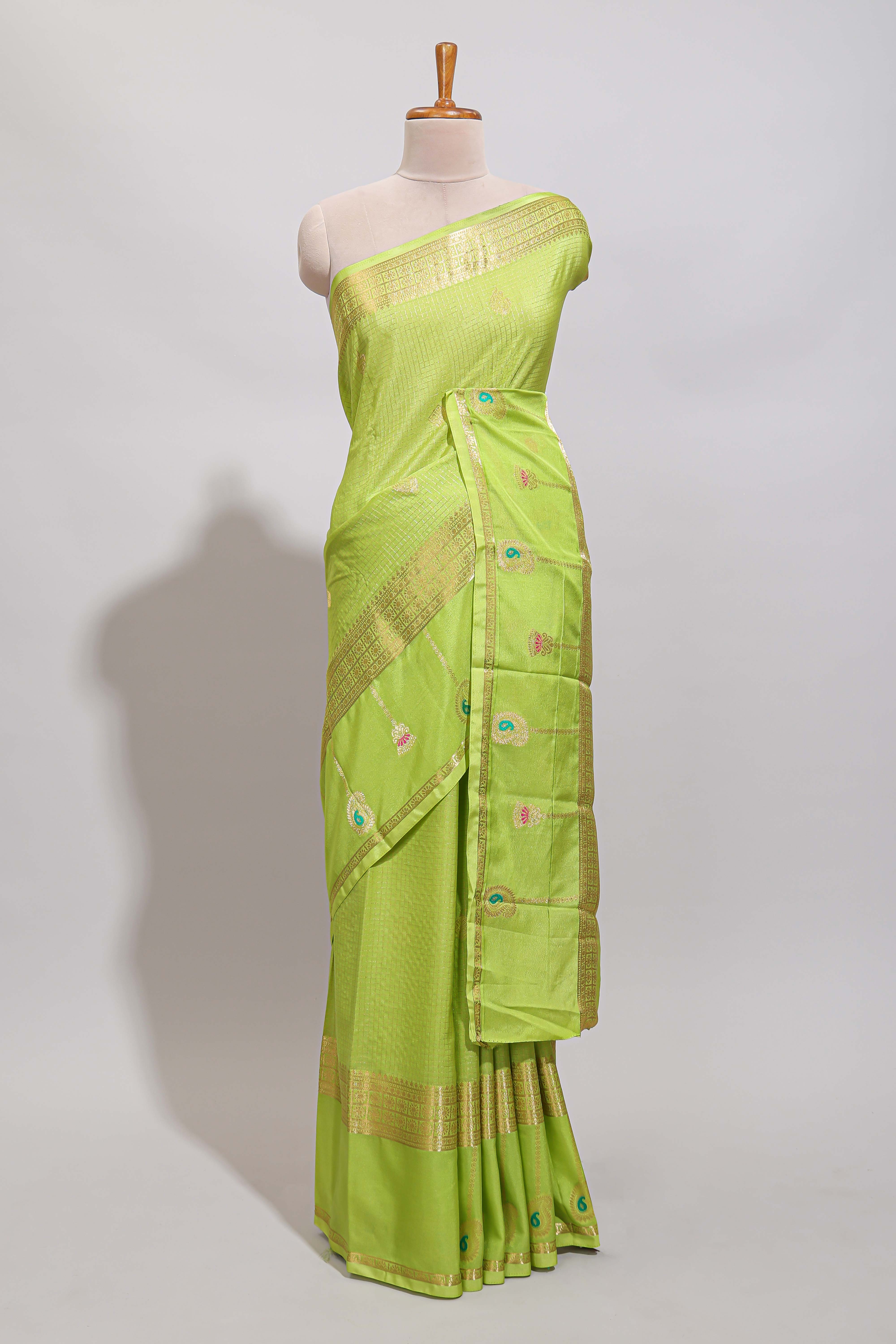 Green checked zari motifs design art mysore silk saree with self zari border and matching checked blouse