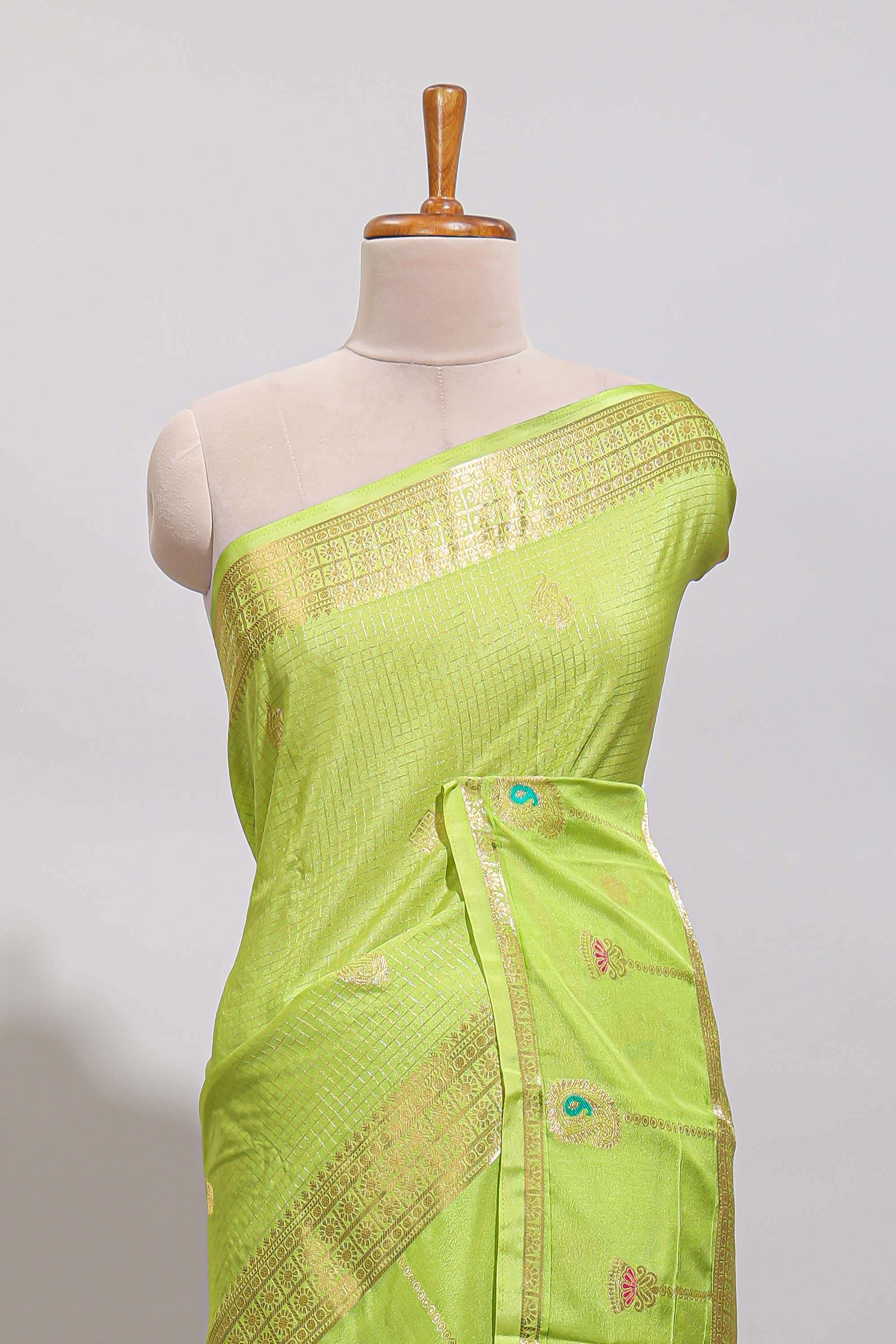Green checked zari motifs design art mysore silk saree with self zari border and matching checked blouse