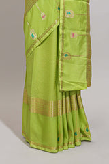 Green checked zari motifs design art mysore silk saree with self zari border and matching checked blouse