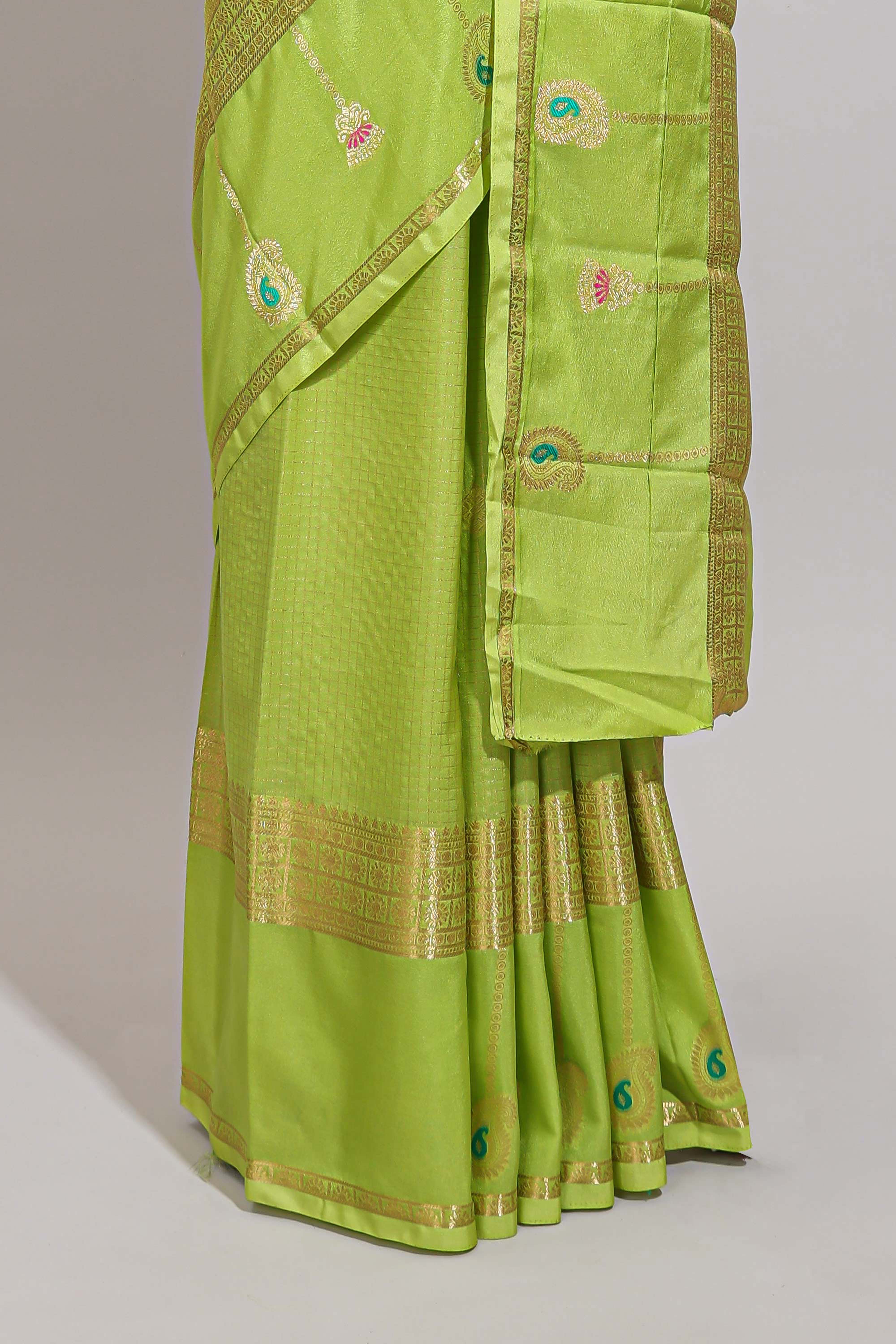 Green checked zari motifs design art mysore silk saree with self zari border and matching checked blouse