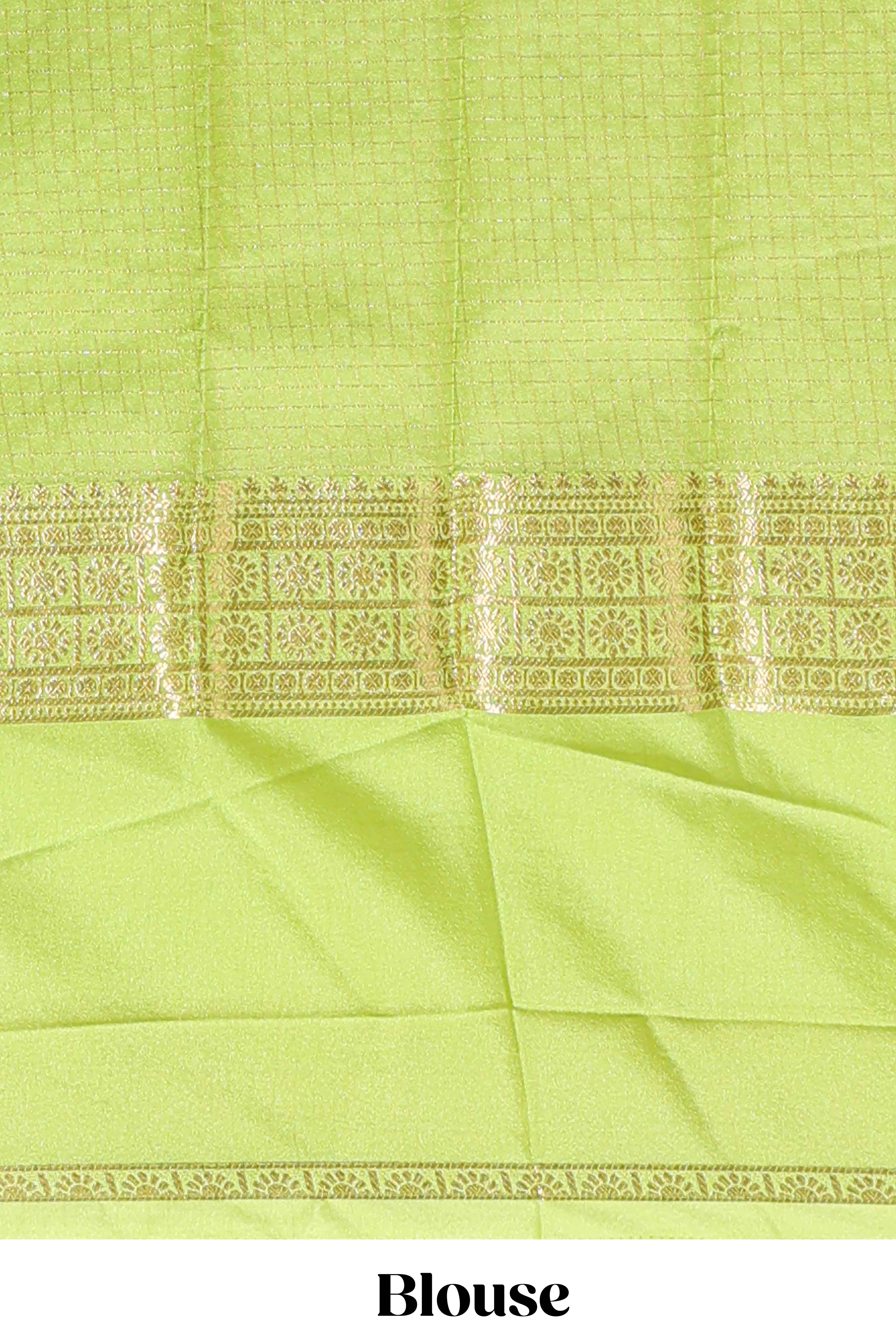 Green checked zari motifs design art mysore silk saree with self zari border and matching checked blouse