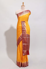 Orange zari motifs design art mysore silk saree with contrast zari border and blouse