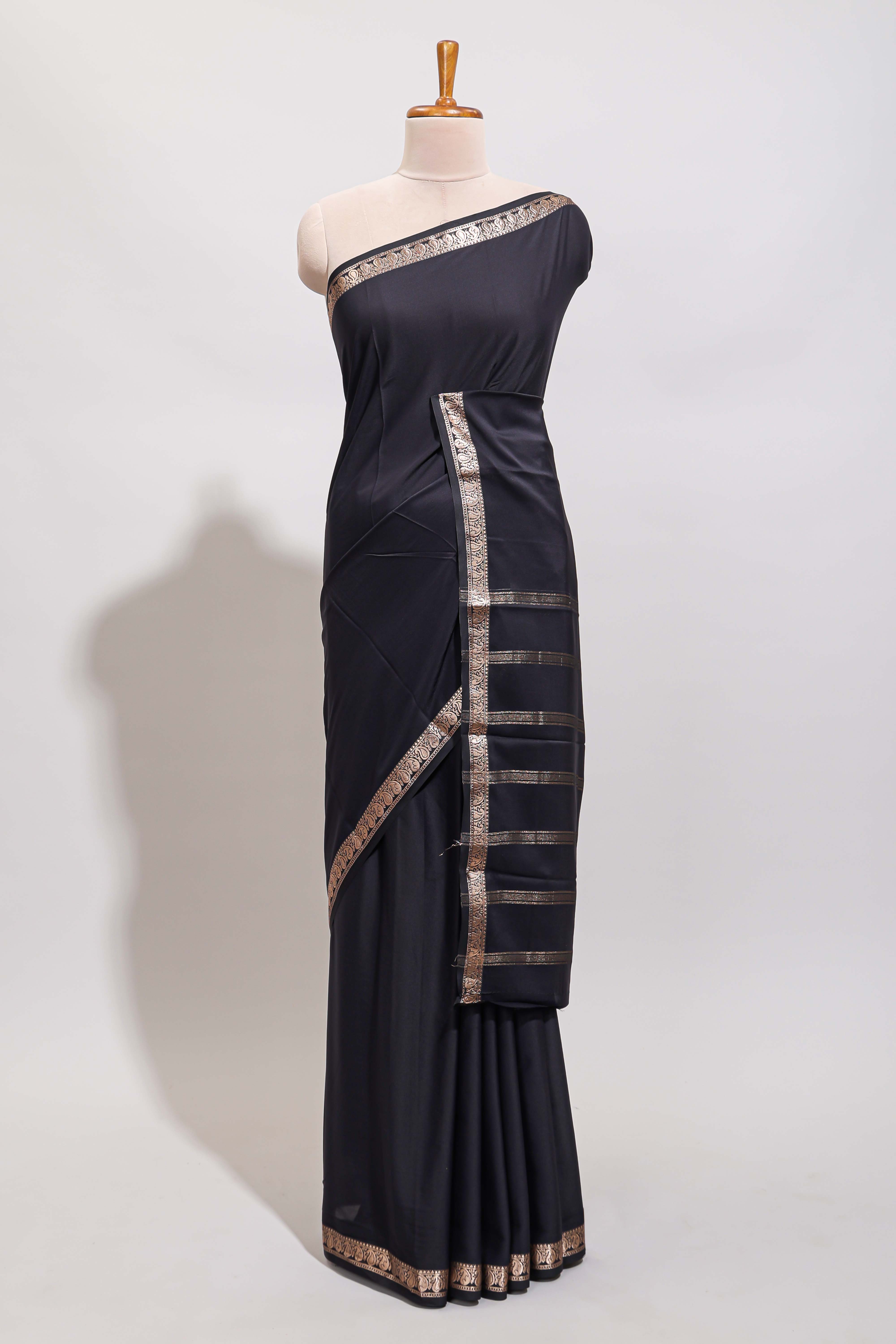 Black plain design art mysore silk saree with self zari border and matching blouse