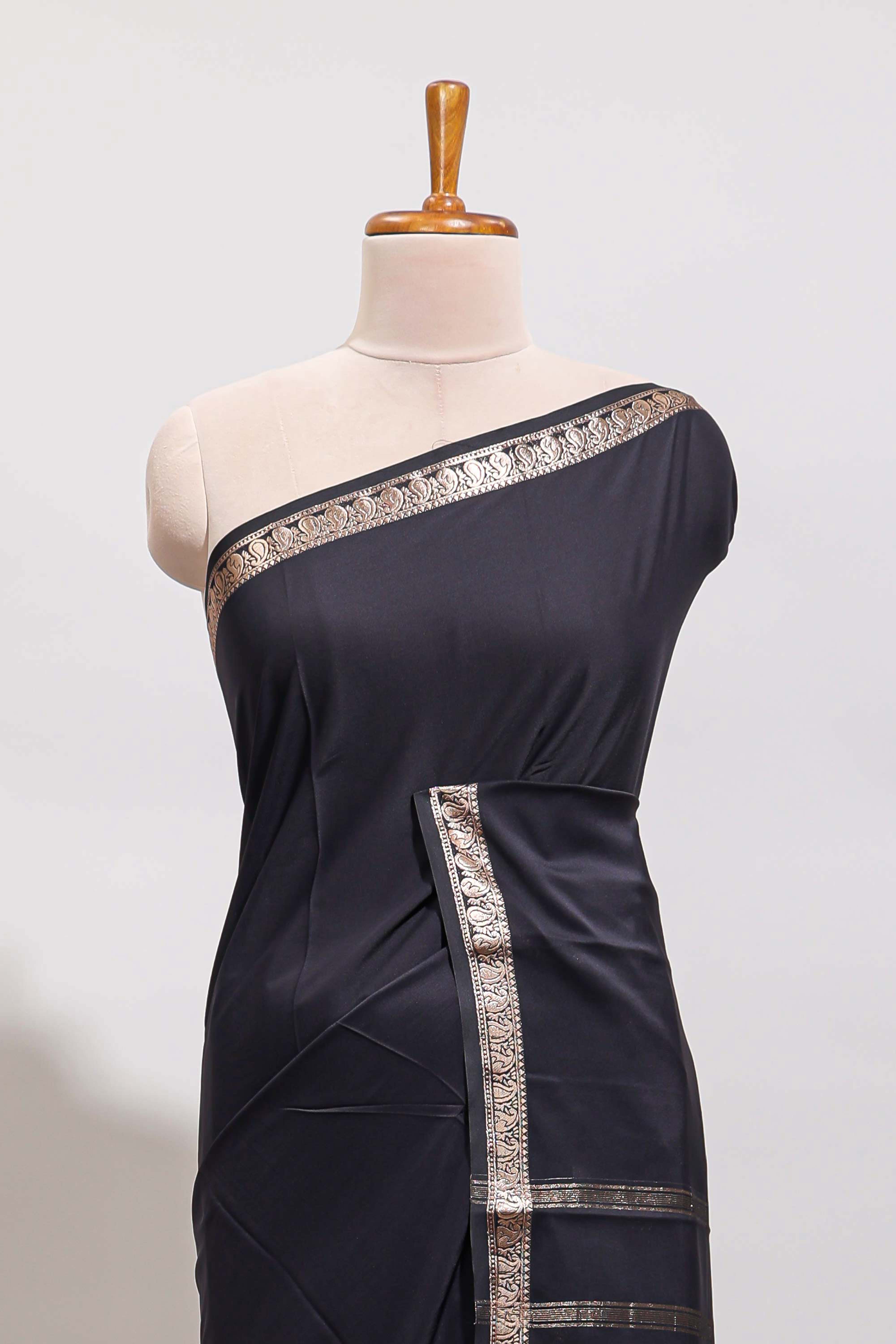 Black plain design art mysore silk saree with self zari border and matching blouse