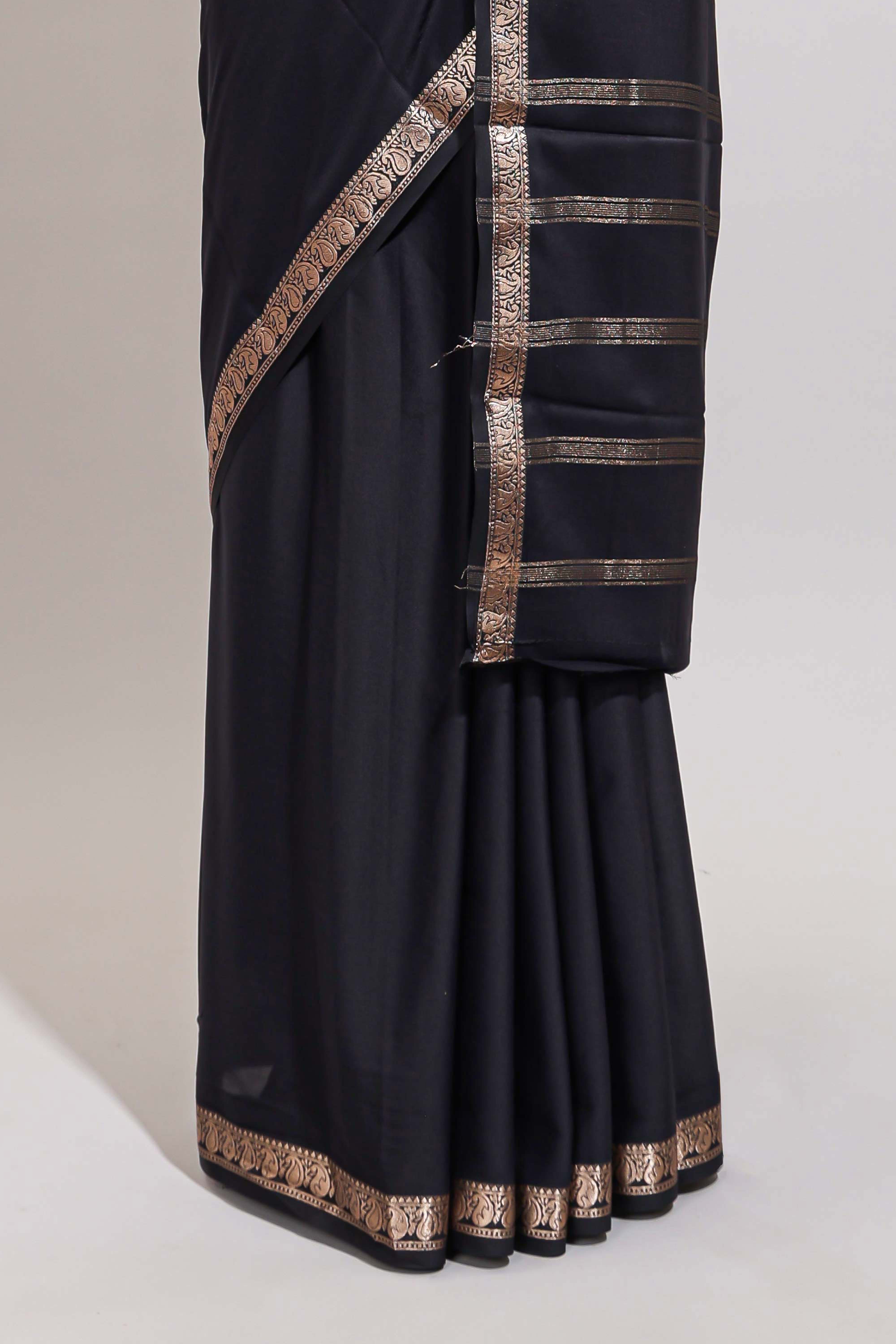 Black plain design art mysore silk saree with self zari border and matching blouse