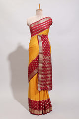 Orange checked zari design art mysore silk saree with contrast zari border and checked blouse