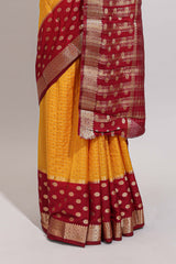 Orange checked zari design art mysore silk saree with contrast zari border and checked blouse