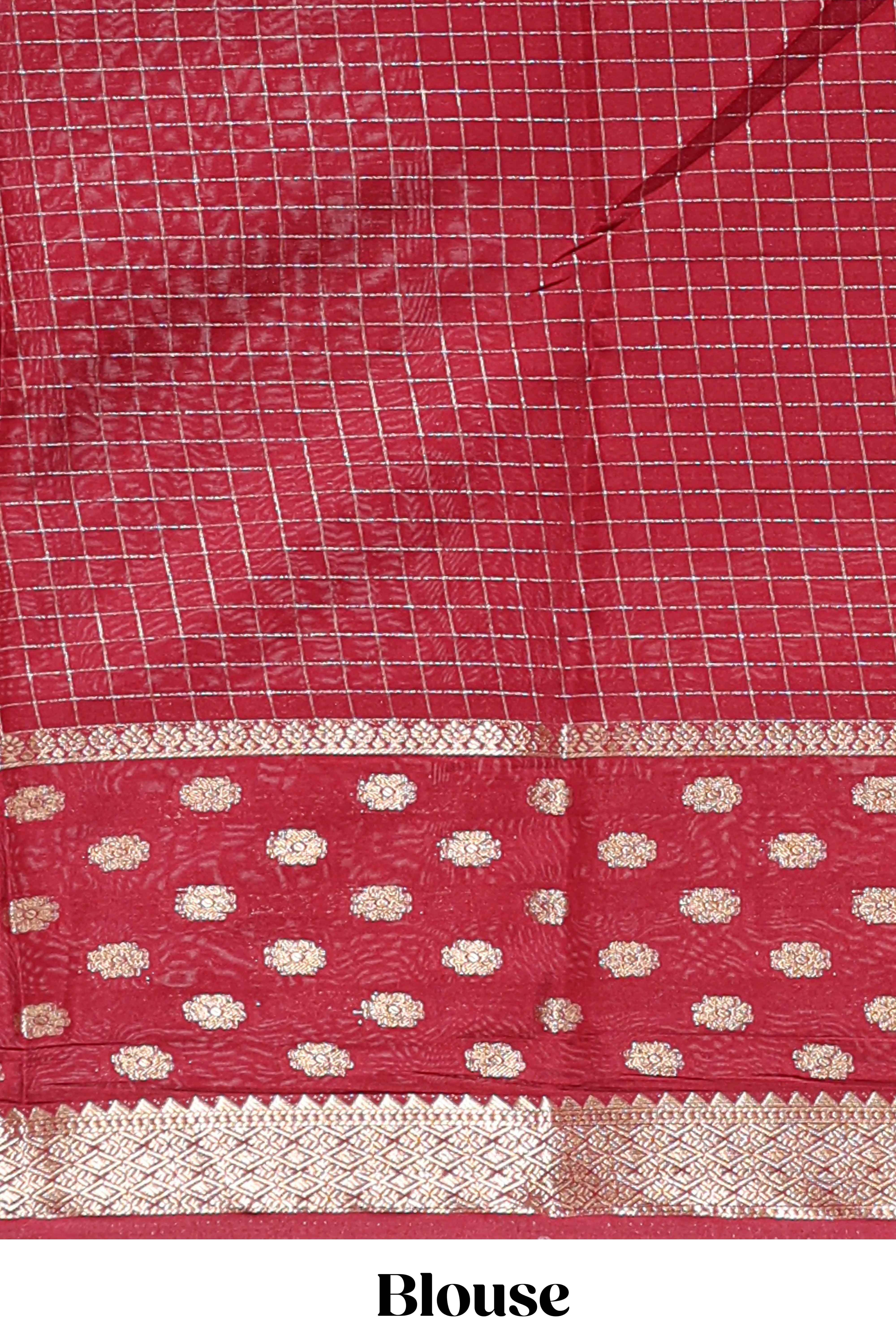Orange checked zari design art mysore silk saree with contrast zari border and checked blouse