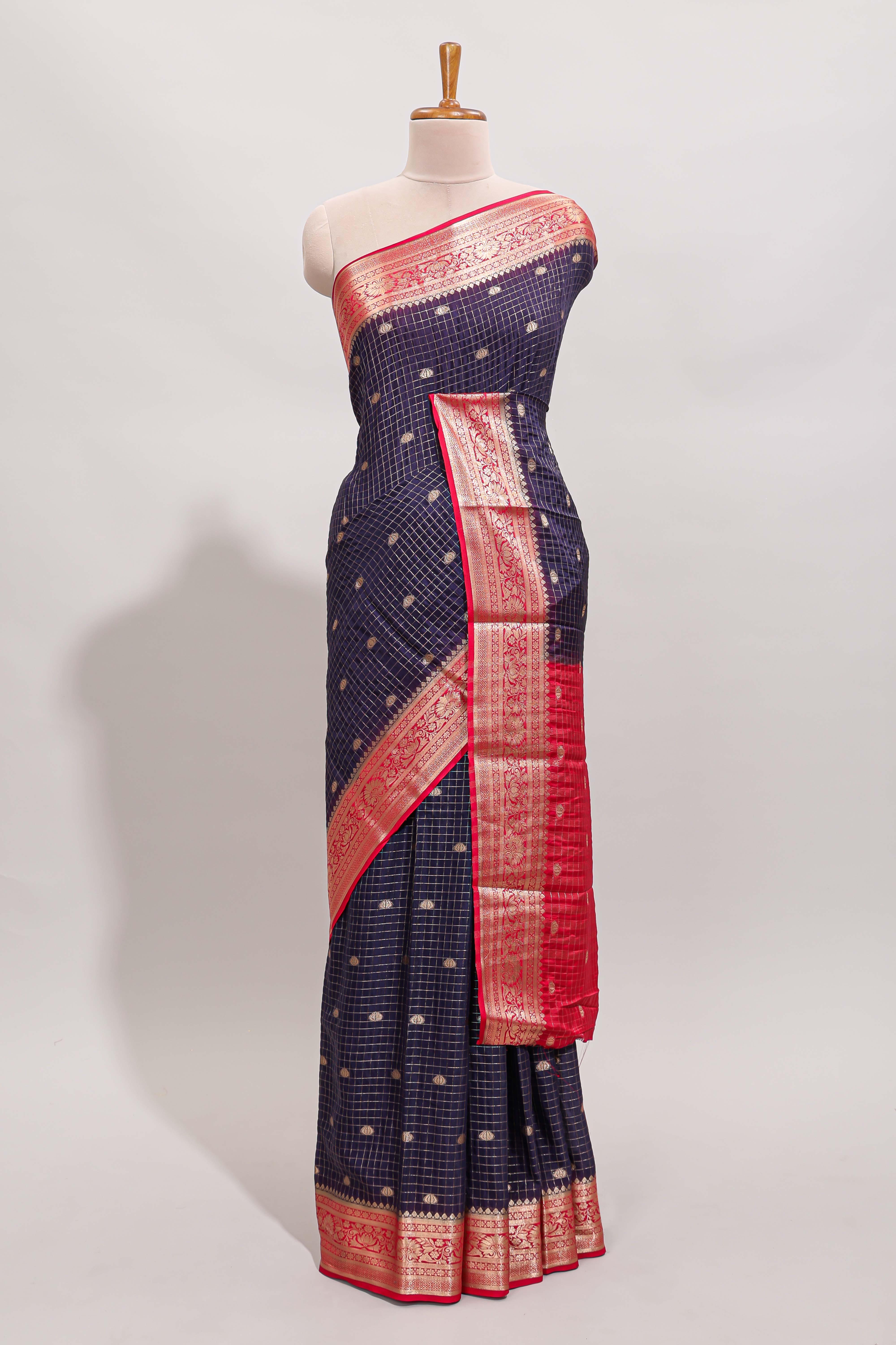 Violet checked zari design art mysore silk saree with contrast zari border and checked blouse