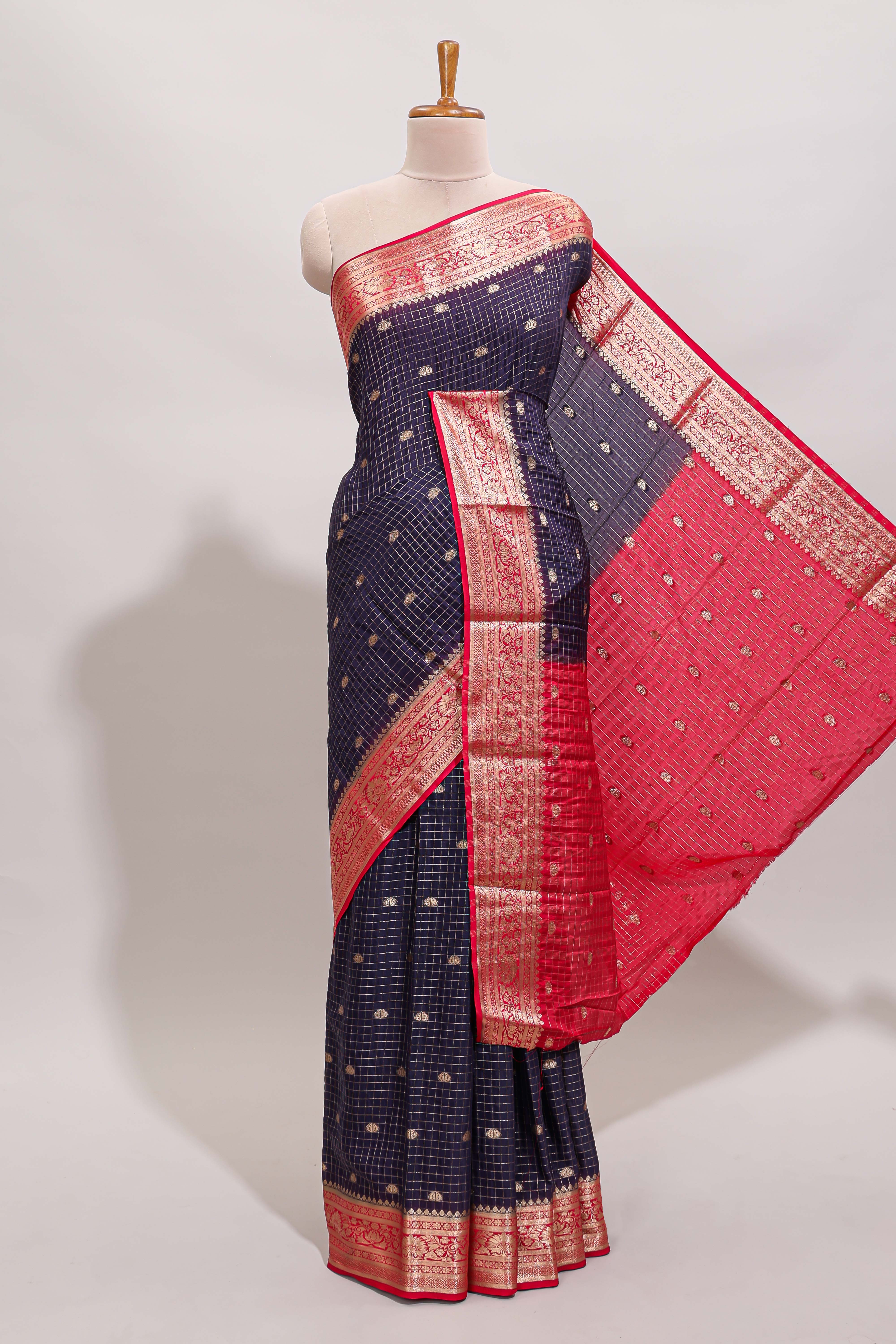 Violet checked zari design art mysore silk saree with contrast zari border and checked blouse