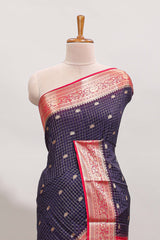 Violet checked zari design art mysore silk saree with contrast zari border and checked blouse
