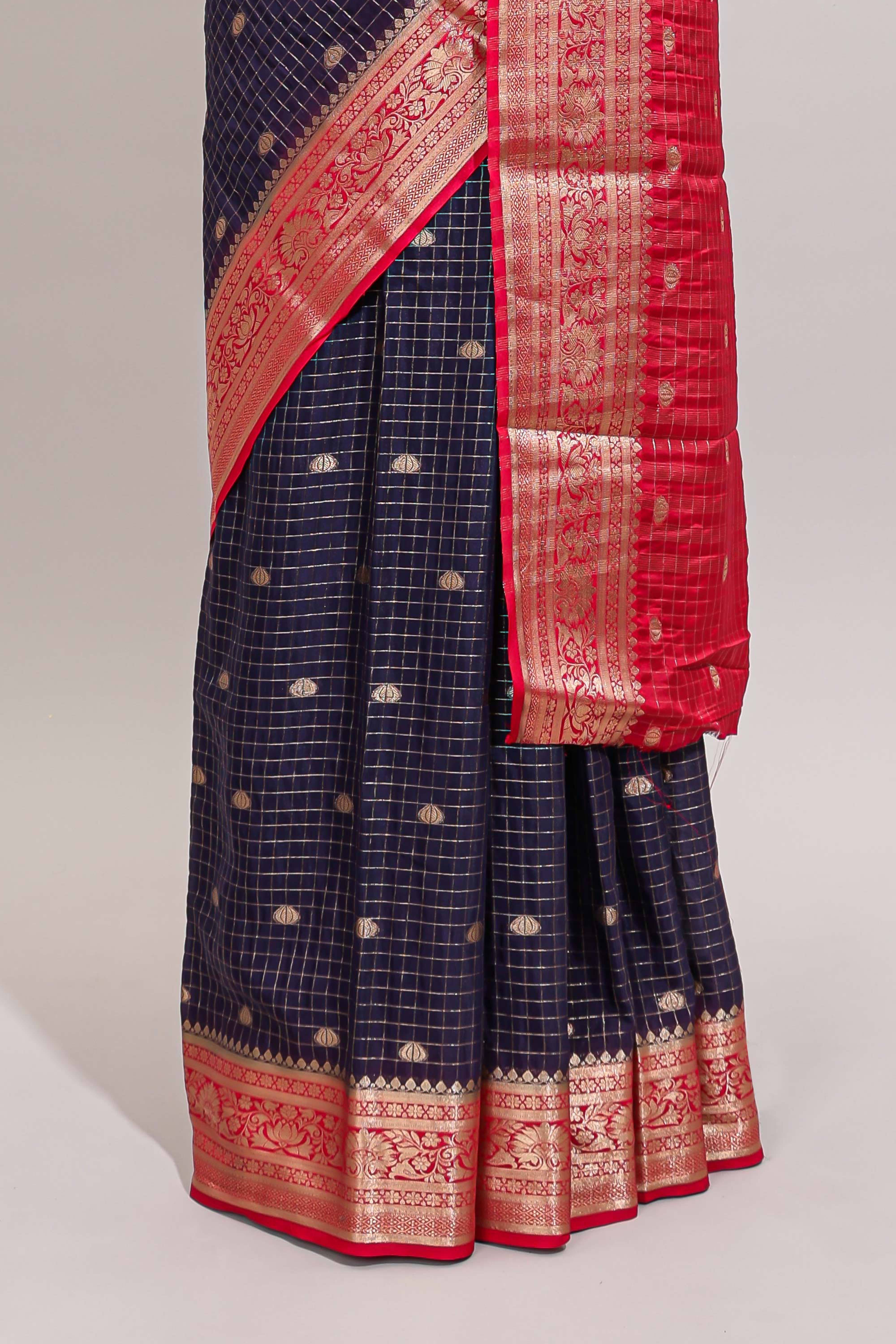 Violet checked zari design art mysore silk saree with contrast zari border and checked blouse