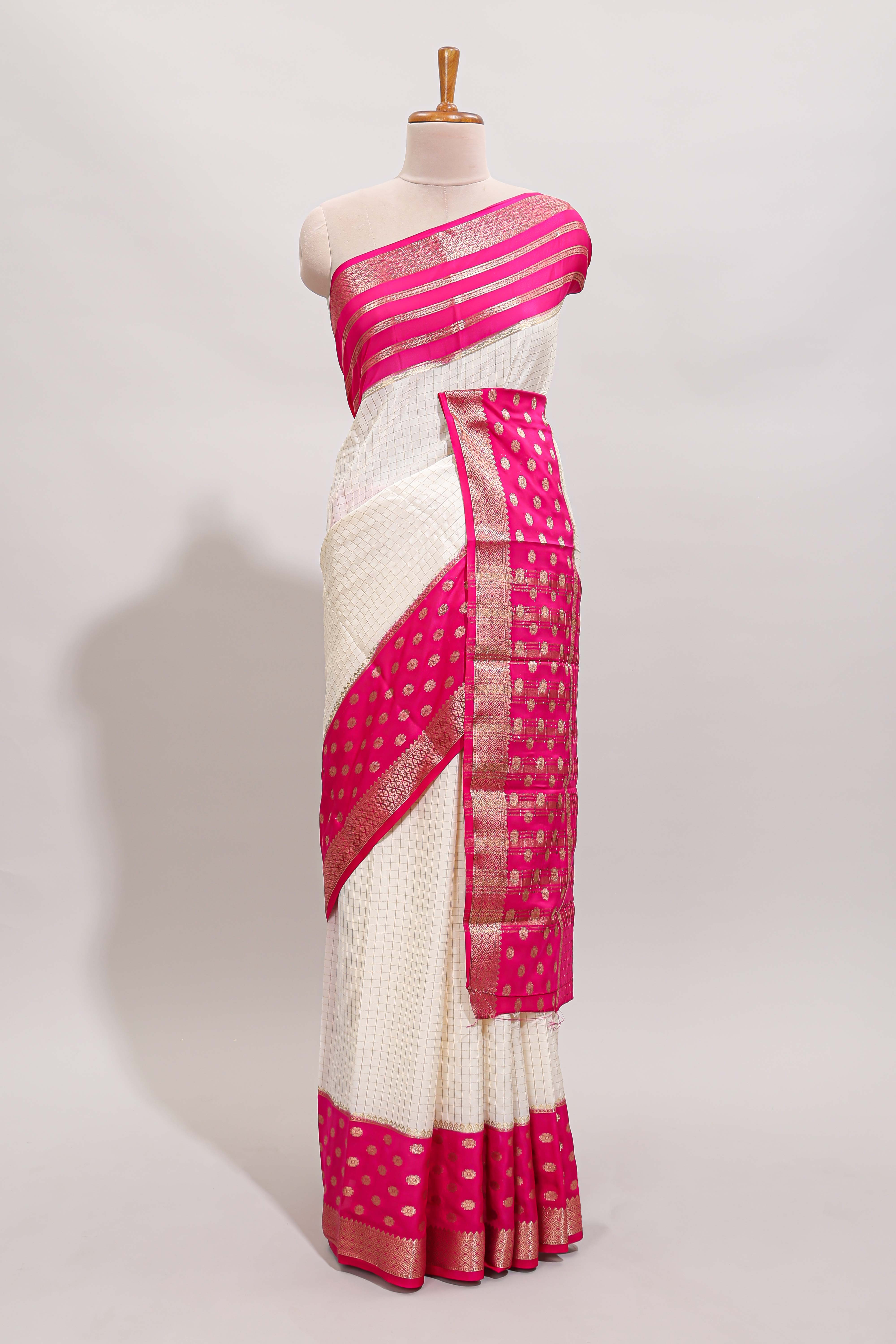 White checked zari design art mysore silk saree with contrast zari border and checked blouse