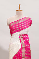 White checked zari design art mysore silk saree with contrast zari border and checked blouse