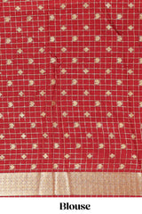 Yellow checked zari motifs design art mysore silk saree with contrast zari border and checked blouse