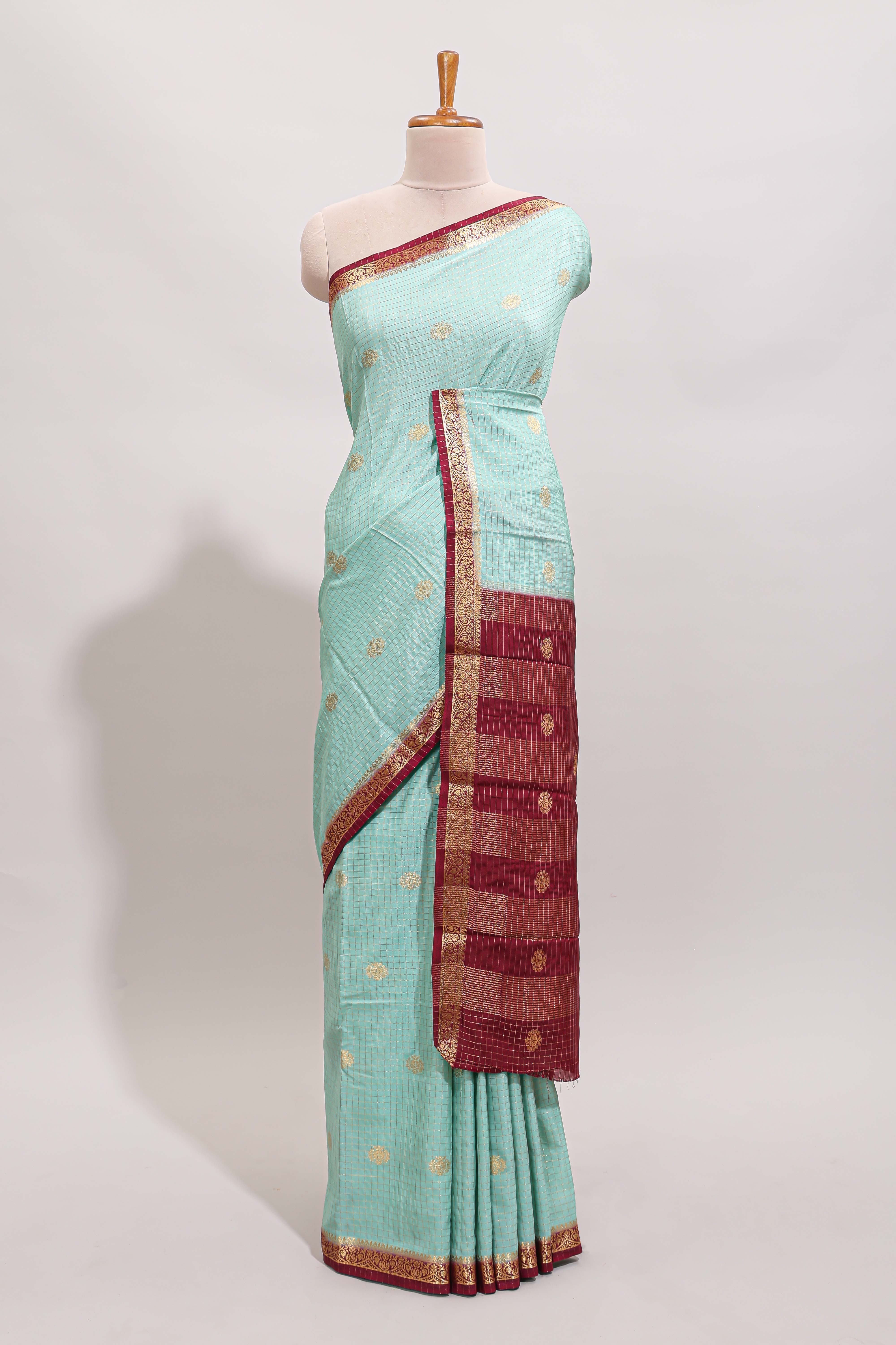 Turquoise green checked zari motifs design art mysore silk saree with contrast zari border and checked blouse