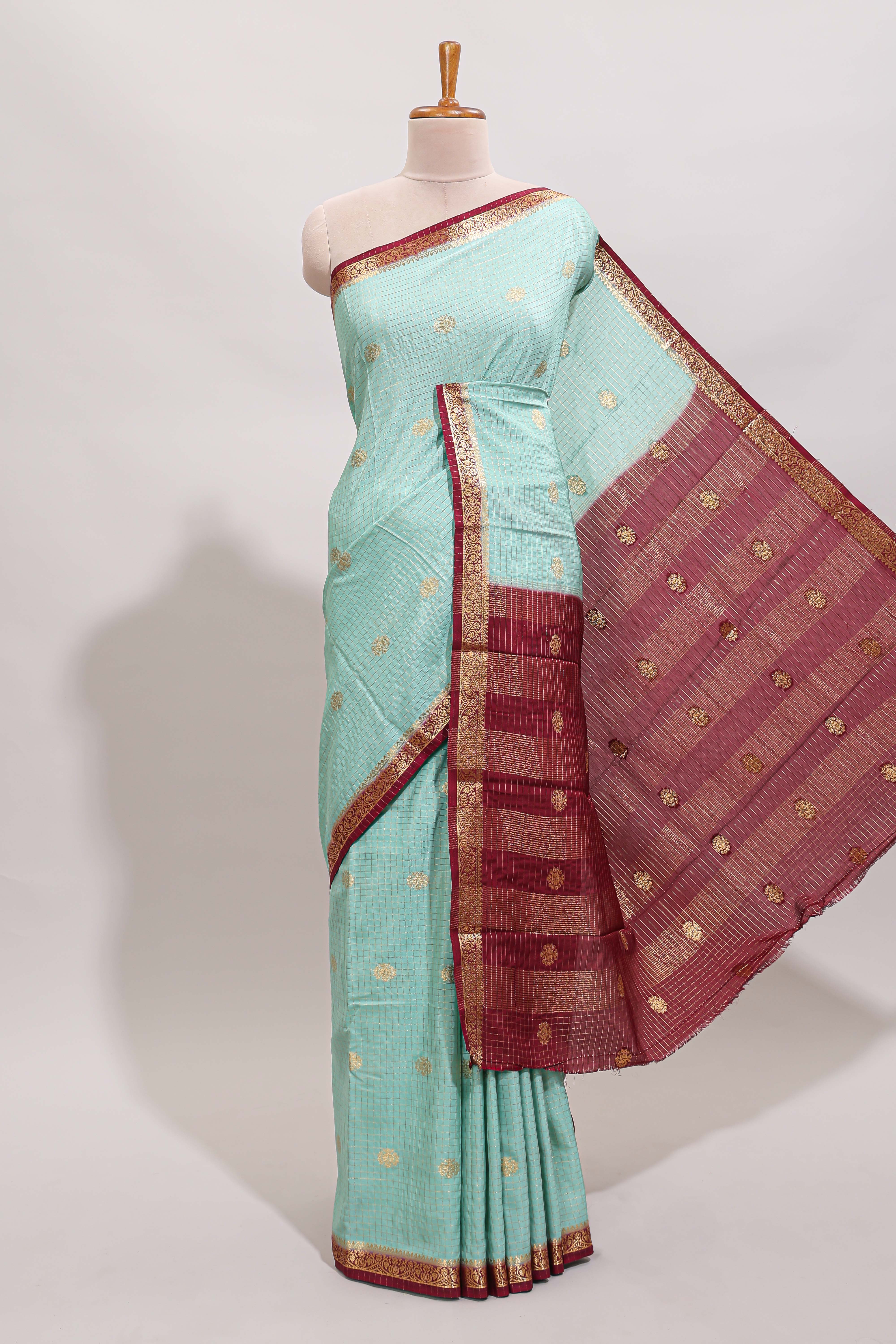 Turquoise green checked zari motifs design art mysore silk saree with contrast zari border and checked blouse