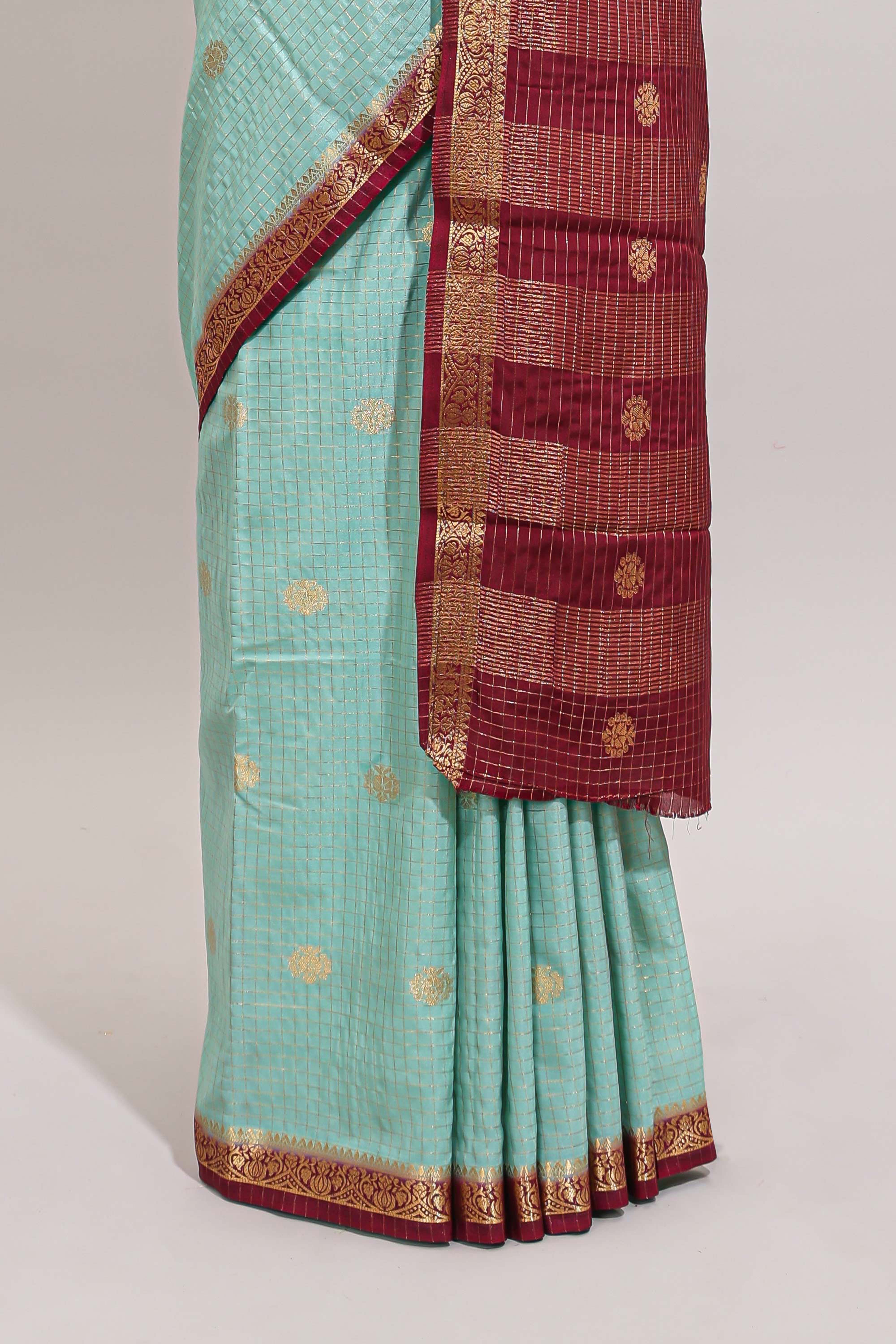 Turquoise green checked zari motifs design art mysore silk saree with contrast zari border and checked blouse