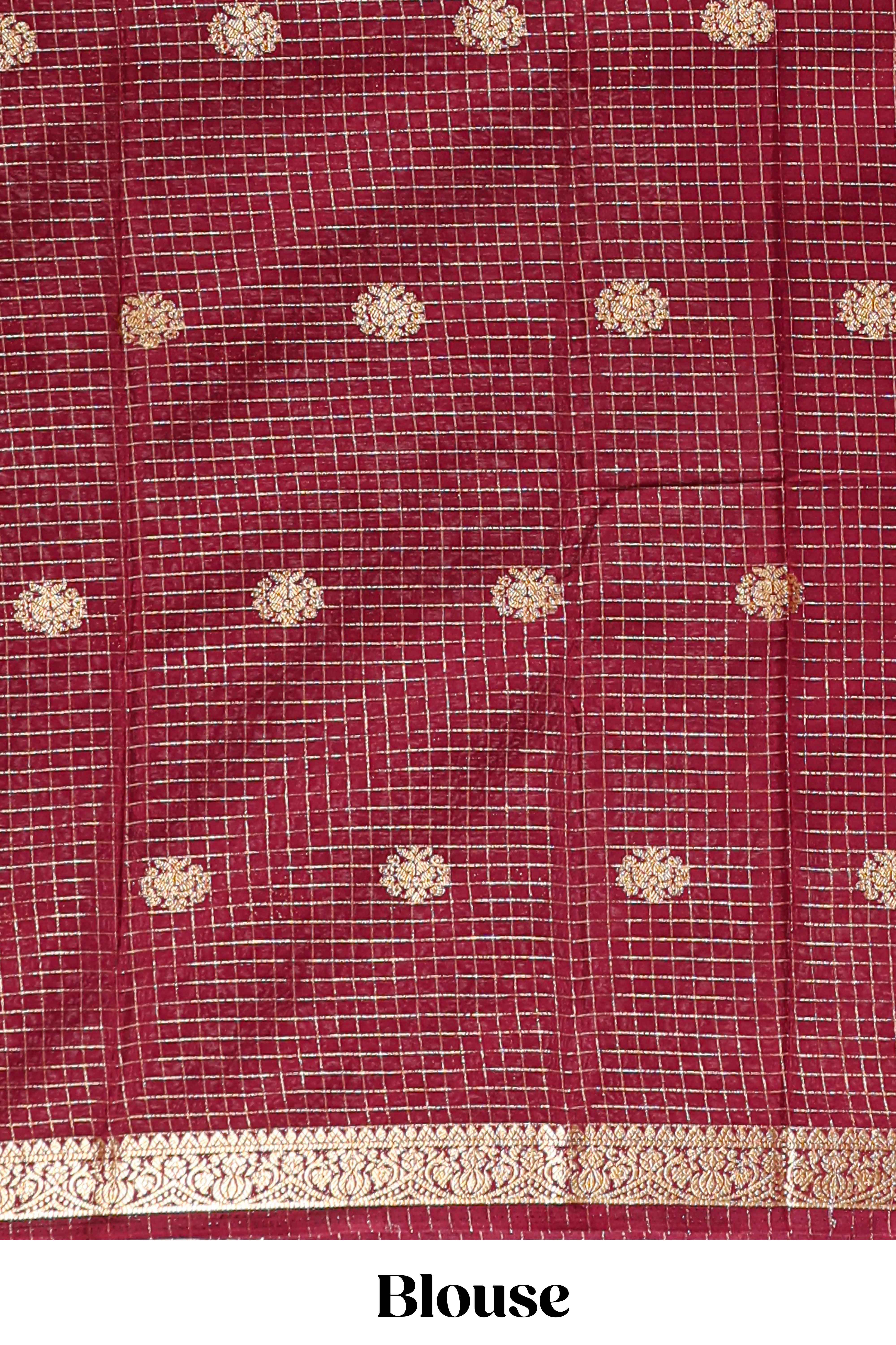 Turquoise green checked zari motifs design art mysore silk saree with contrast zari border and checked blouse