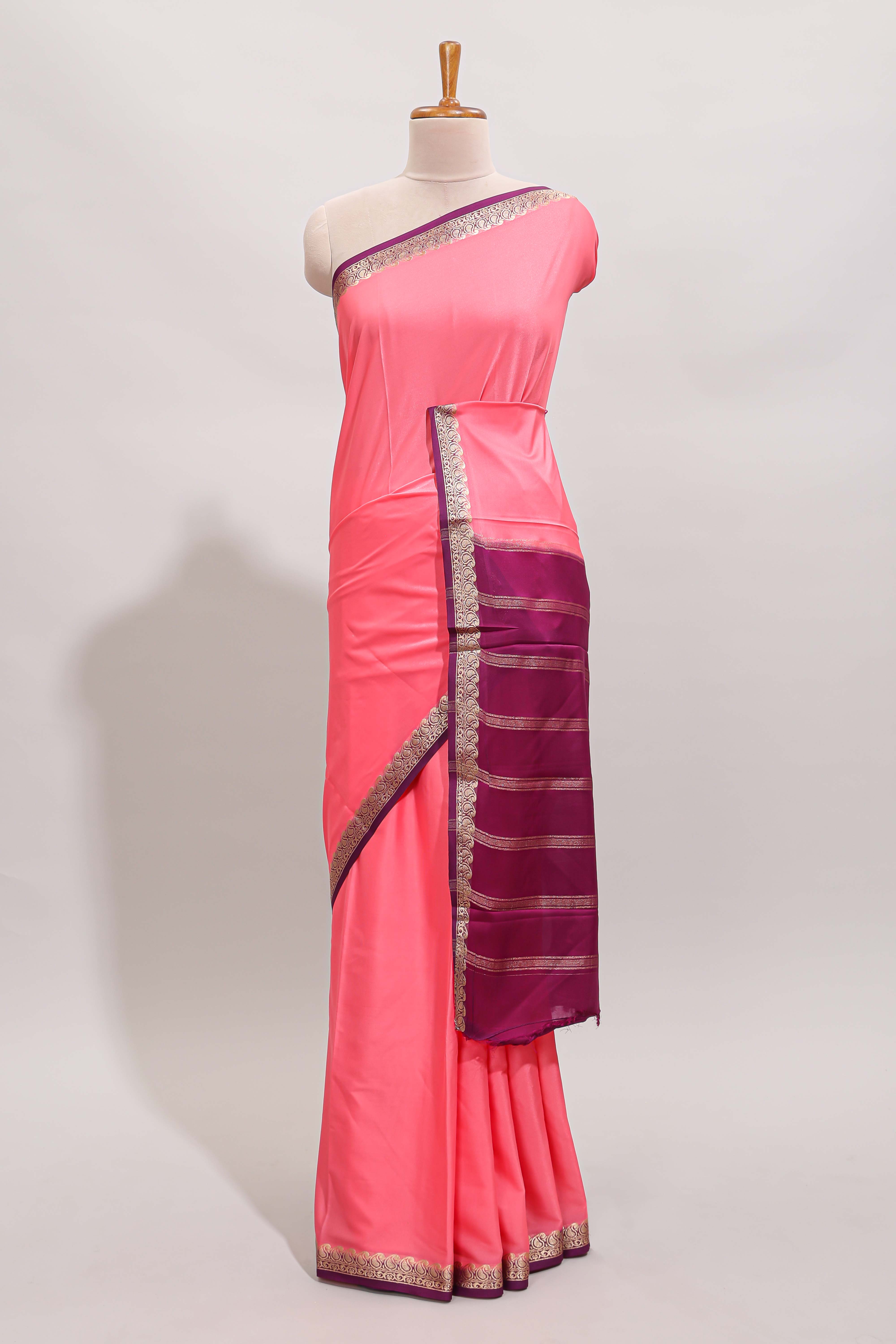 Pink plain design art mysore silk saree with contrast zari border and blouse
