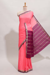 Pink plain design art mysore silk saree with contrast zari border and blouse