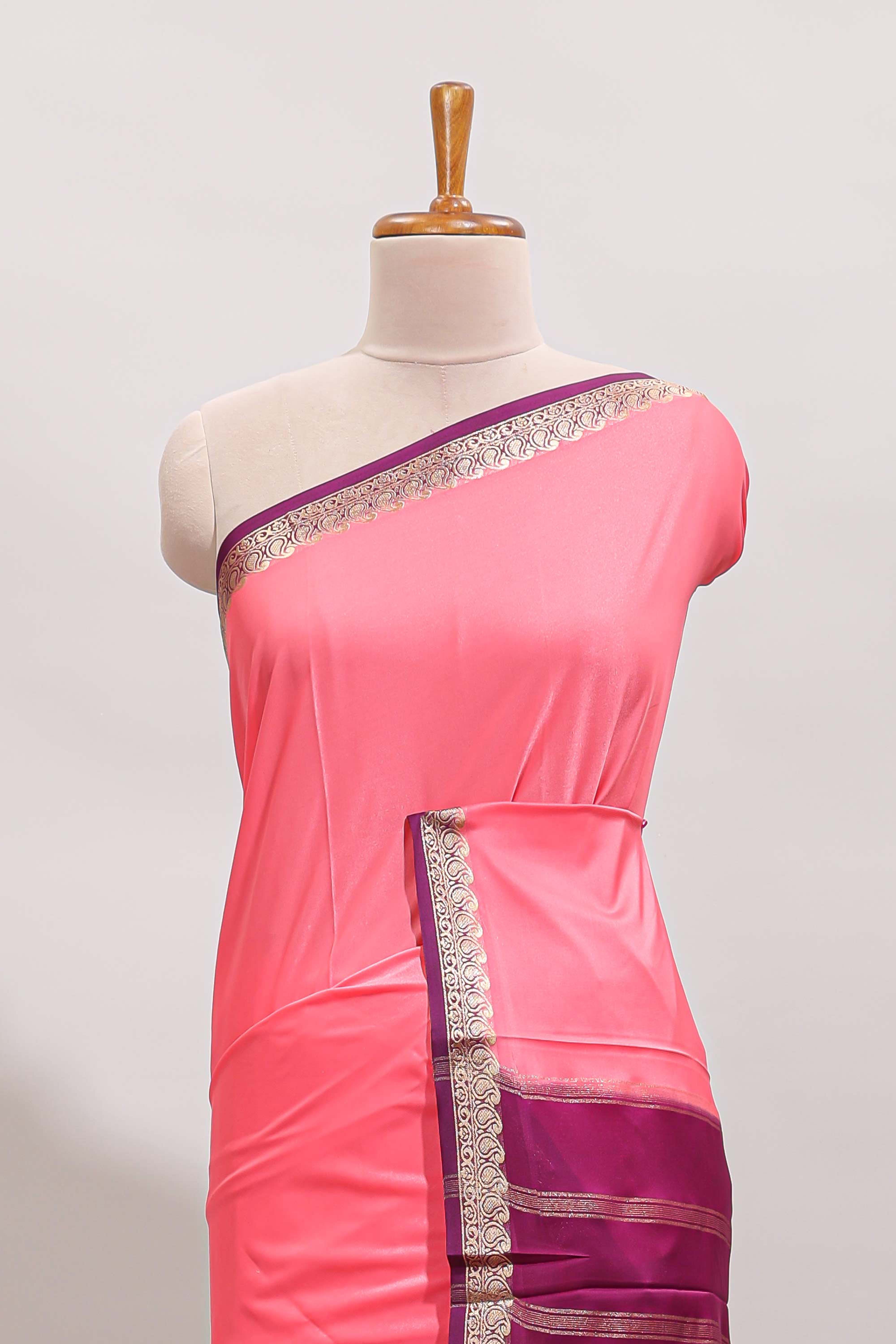 Pink plain design art mysore silk saree with contrast zari border and blouse