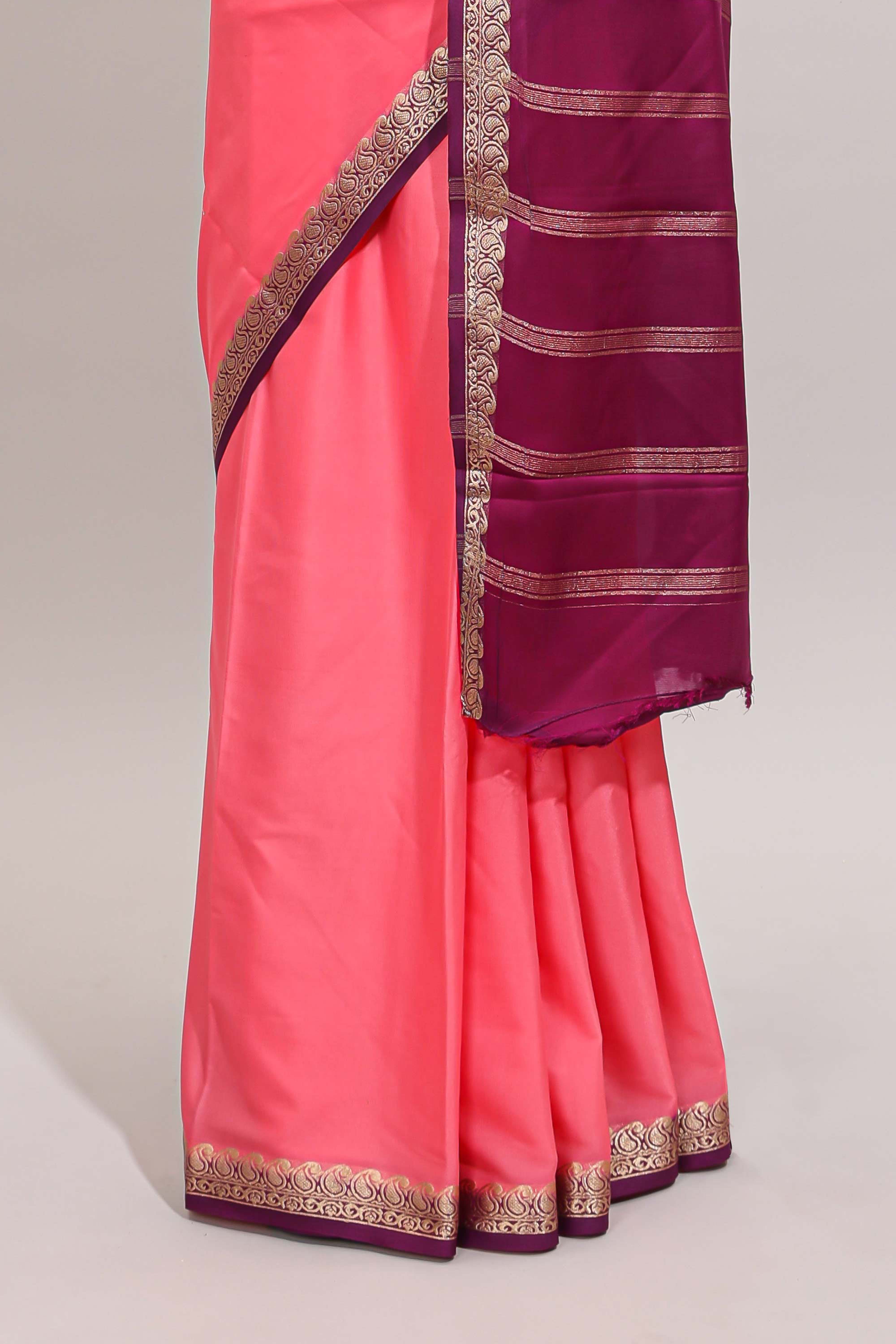 Pink plain design art mysore silk saree with contrast zari border and blouse